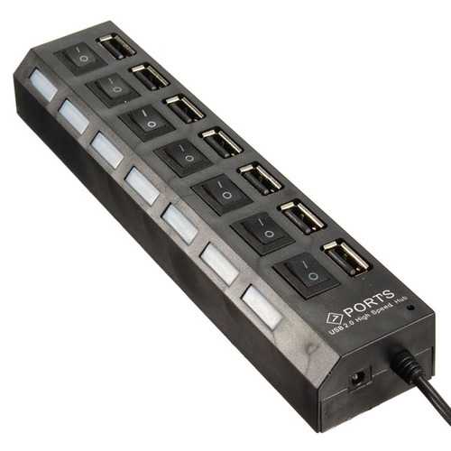 7-Port USB 2.0 Hub with AC Adapter & On/Off Switch - High Speed Data Transfer for PC, Laptop, Mac - Perfect for Home Office, Gaming & Multiple Device Charging
