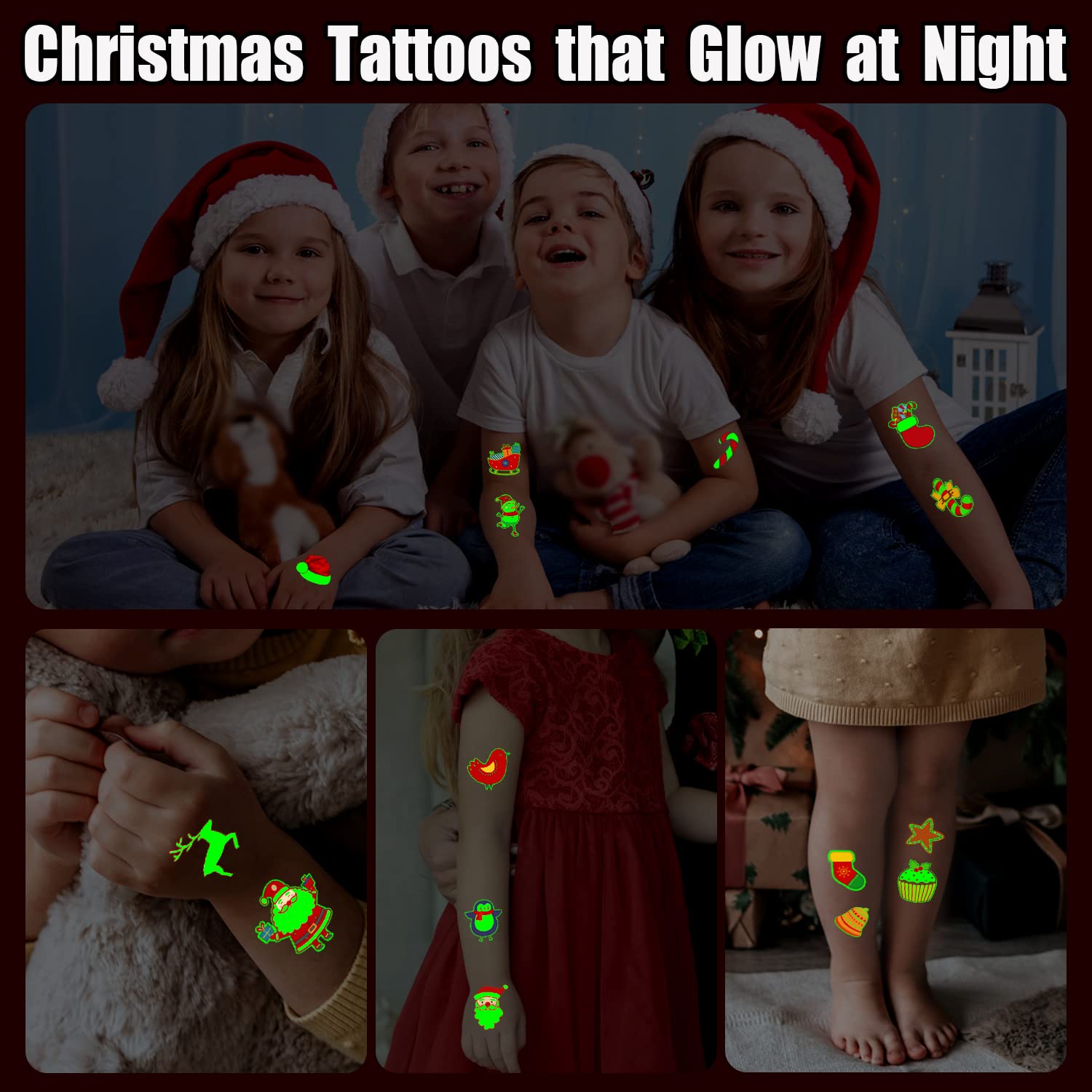 Glow Christmas Tattoos for Kids - 204 PCS Party Favors, Stocking Stuffers & Holiday Decorations for Christmas Parties