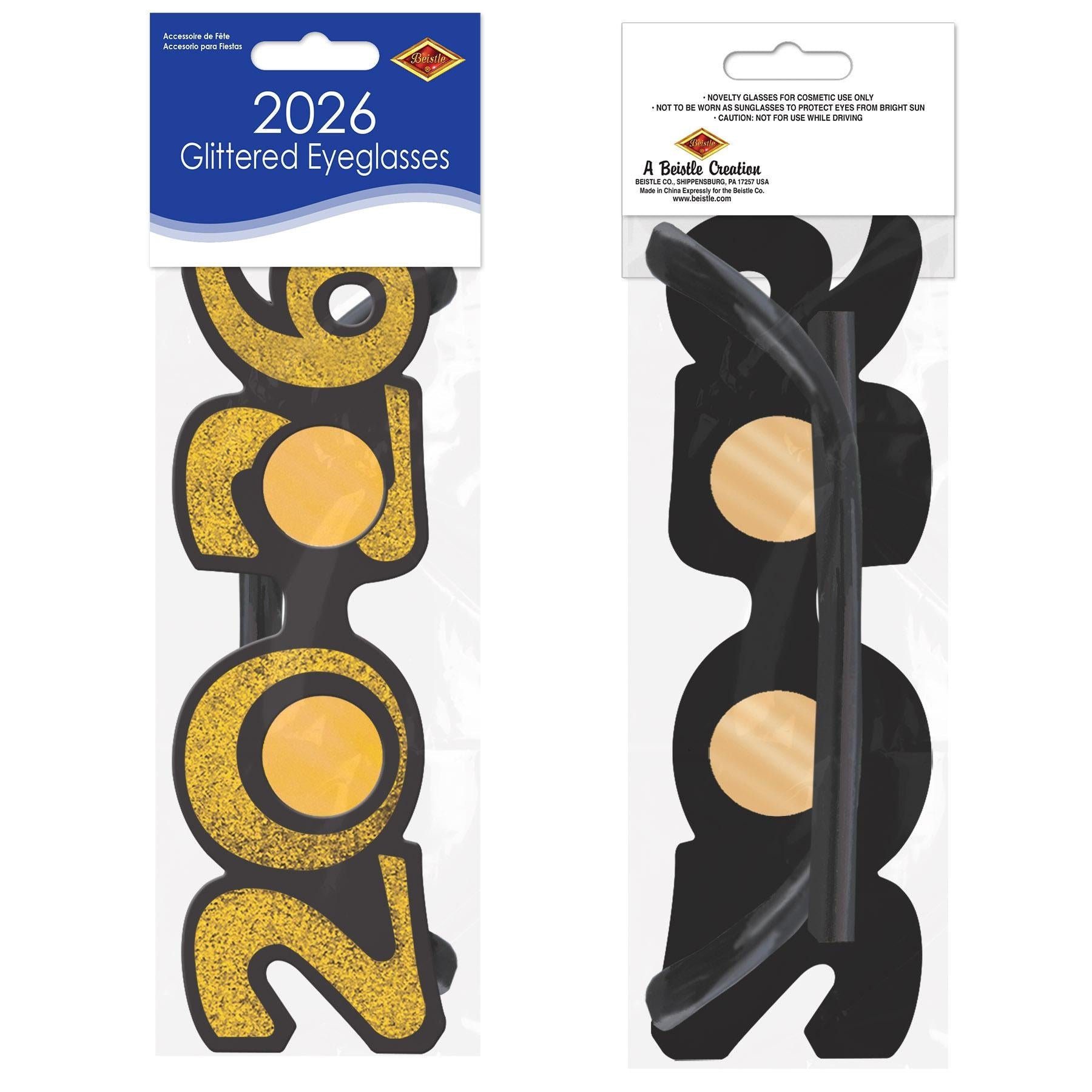 12 Pack Beistle 2026 Glittered Plastic Party Eyeglasses - Gold New Year's Eve Celebration Accessories for Adults & Kids - Perfect for NYE Parties, Birthday Celebrations and Festive Events
