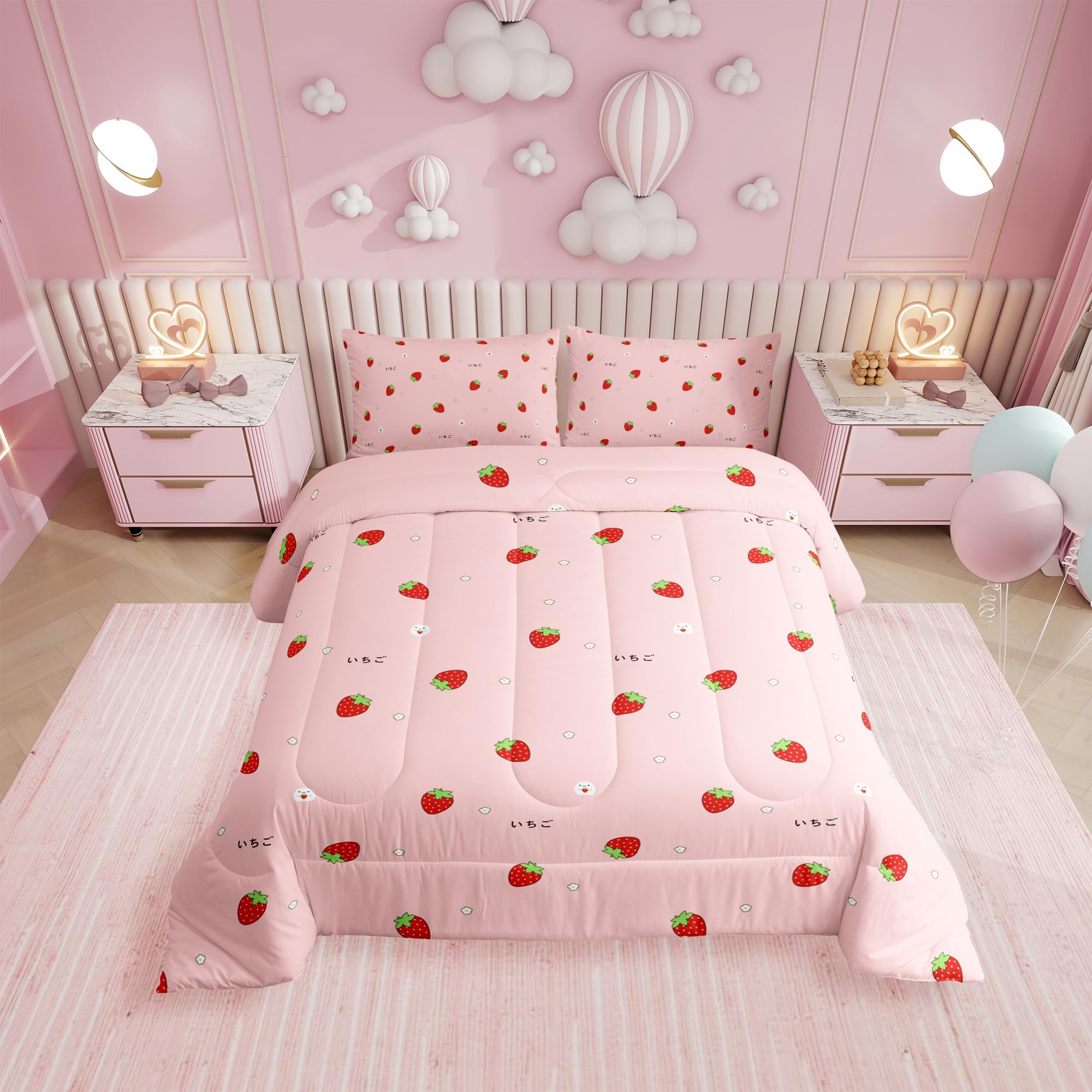 Kawaii Strawberry Comforter Set for Girls - Twin Size Japanese Style Pink Cute Cartoon Fruit Bedding | Soft Lightweight Reversible Down Comforter with White Floral Design | Perfect for Kids' Room Decor, Birthday Gifts & Kawaii Themed Bedrooms