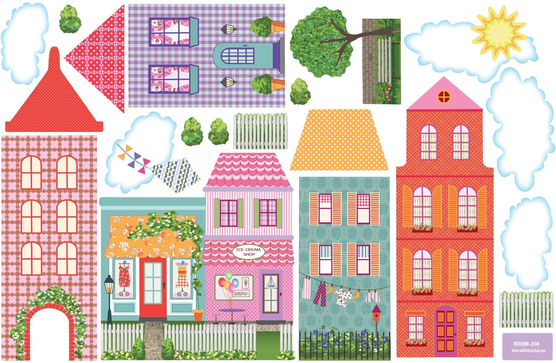 Girl's Dollhouse Town Wall Decals with Flower Border - Eco-Friendly Removable Wall Stickers for Kids Room, Nursery & Playroom Decor - Cityscape & Floral Wall Art for Girls Bedroom