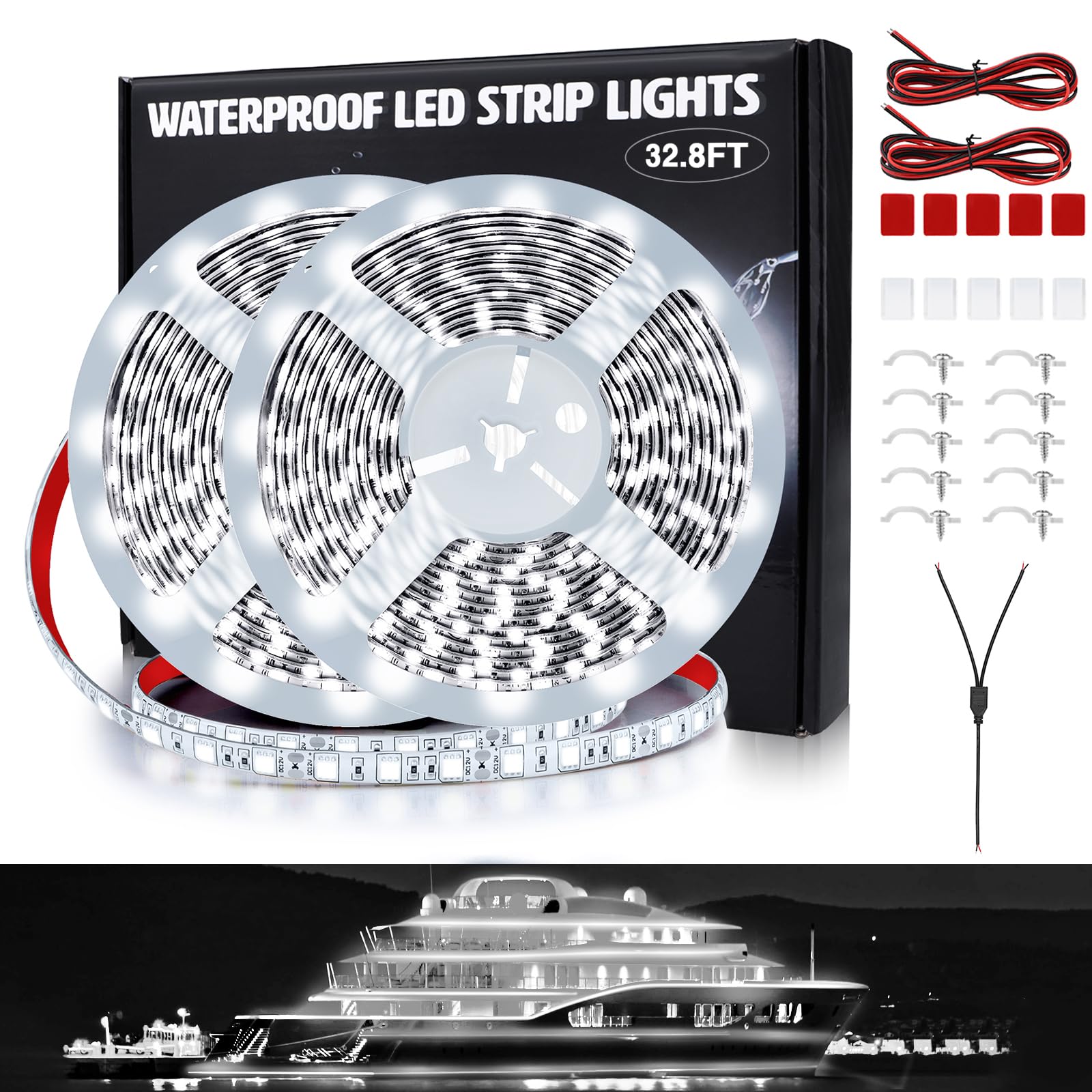 32.8ft Waterproof LED Boat Strip Lights (2 Rolls) - Marine Grade Pontoon, Kayak, Cabin & Deck Lighting for Navigation & Ambience - Perfect for Night Boating, Fishing & Waterfront Parties (White)