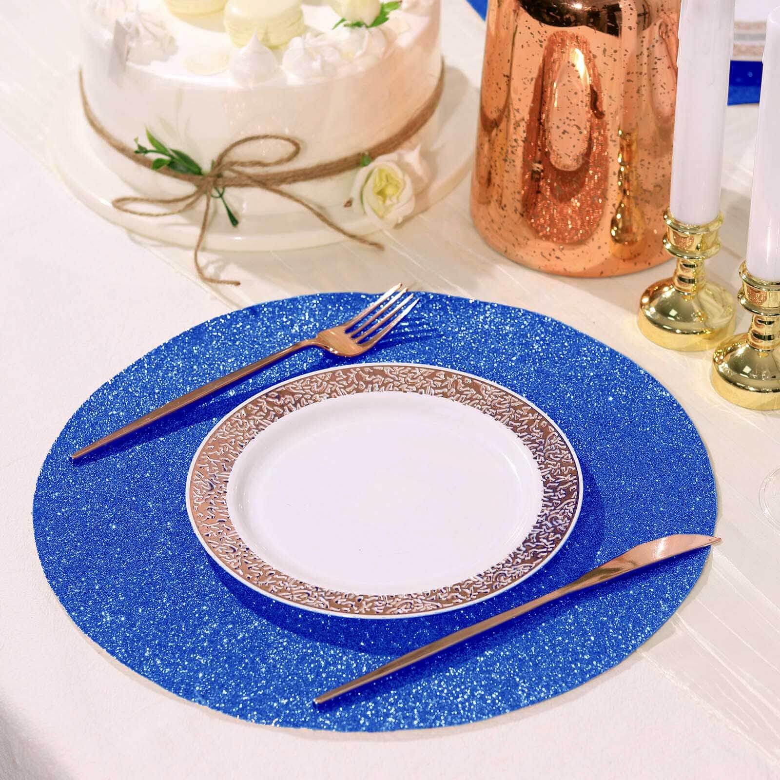 Efavormart 6 Pack Non-Slip Round Faux Leather Glitter Placemats - Royal Blue for Wedding, Banquet, Party, Kitchen & Dining Table Decor | Waterproof & Heat-Resistant for Everyday Use, Holiday Gatherings & Special Events