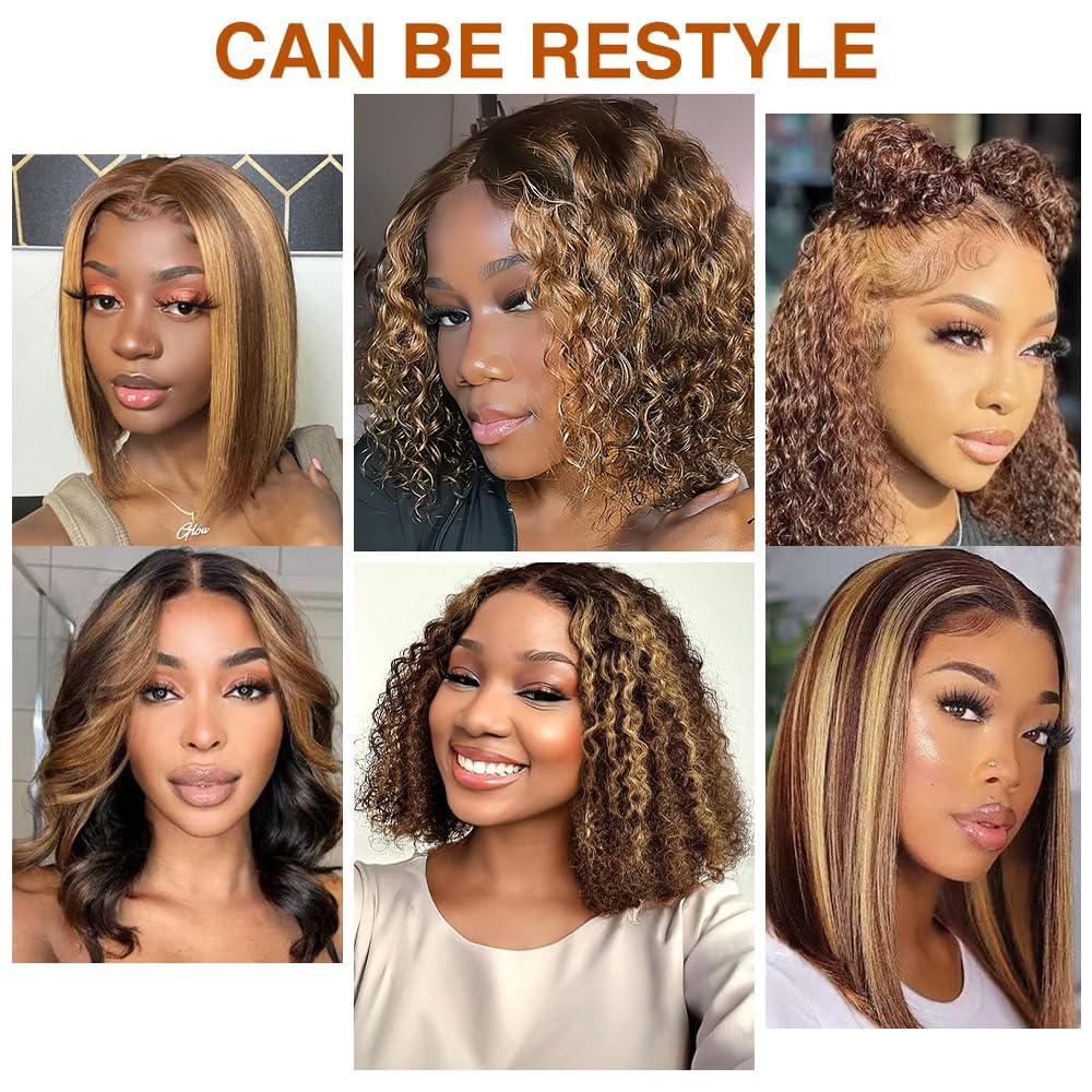 10inch Short Curly Bob Wig Human Hair - Honey Blonde Brown Ombre 150% Density 4x4 Glueless Lace Front Wig for Black Women | Perfect for Daily Wear, Parties & Special Occasions