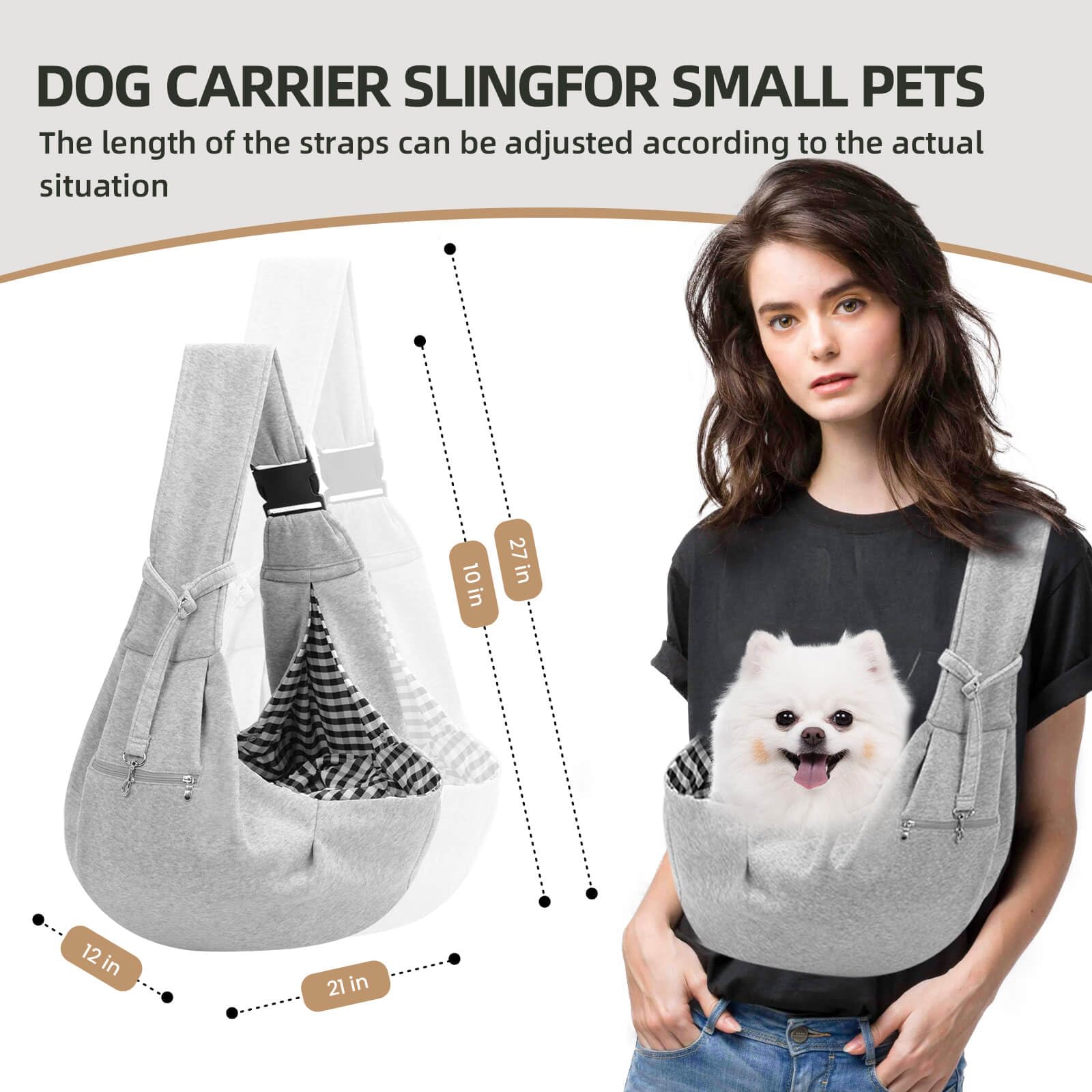 Adjustable Hands-Free Dog Carrier Sling for Small Dogs & Cats - Lightweight Pet Travel Sling with Zipper Purse Pocket & Safety Harness - Perfect for Hiking, Shopping, and Outdoor Adventures (Gray)