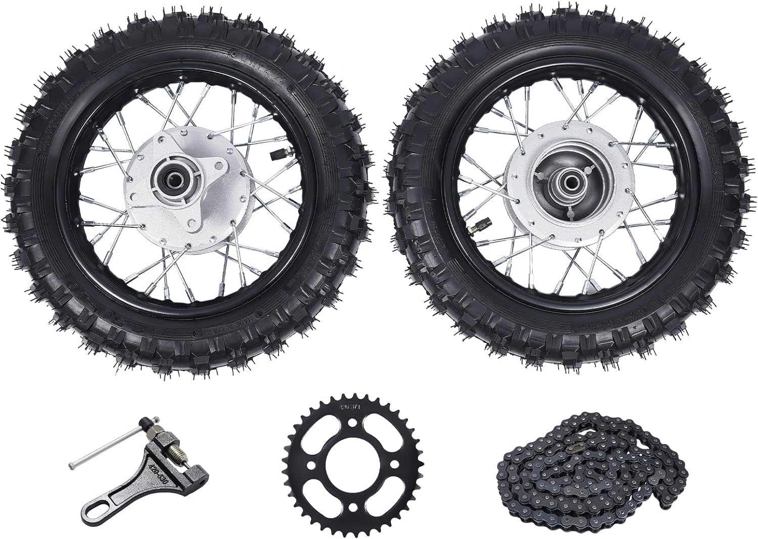 Honda CRF50 XR50 BBR KLX Dirt Bike Front & Rear Wheel Set - 2.50-10 Alloy Rim with Drum Brake, Chain & Chain Plate - Perfect for Off-Road, Pit Bikes & Trail Riding