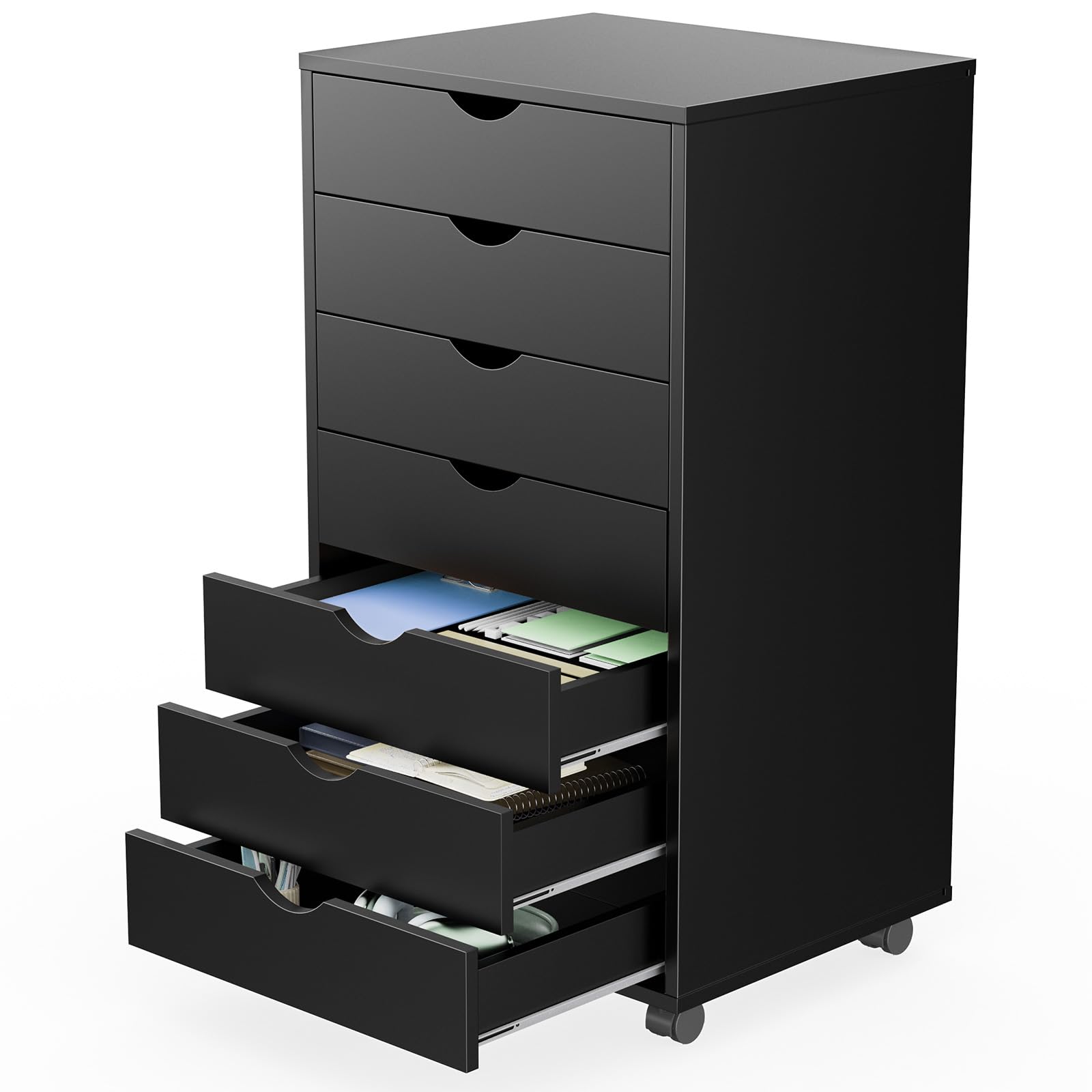 Sweetcrispy 7-Drawer Rolling Dresser with Wheels - Wooden Mobile Storage Cabinet for Bedroom, Office & Home Organization - Black Wood Finish - Perfect for Small Spaces, Closet Storage & Dorm Room Essentials