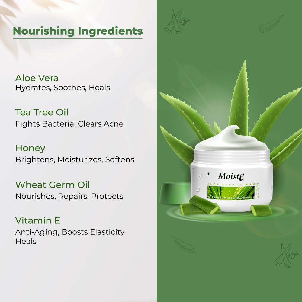 Azista Aloe Vera Face Moisturizer for Oily, Dry & Combination Skin - Hydrating Cream with Vitamin E, Tea Tree Oil & Wheat Germ Oil (Pack of 2, 100g) | Daily Skincare for Men & Women | Perfect for Acne-Prone & Sensitive Skin Care Routine