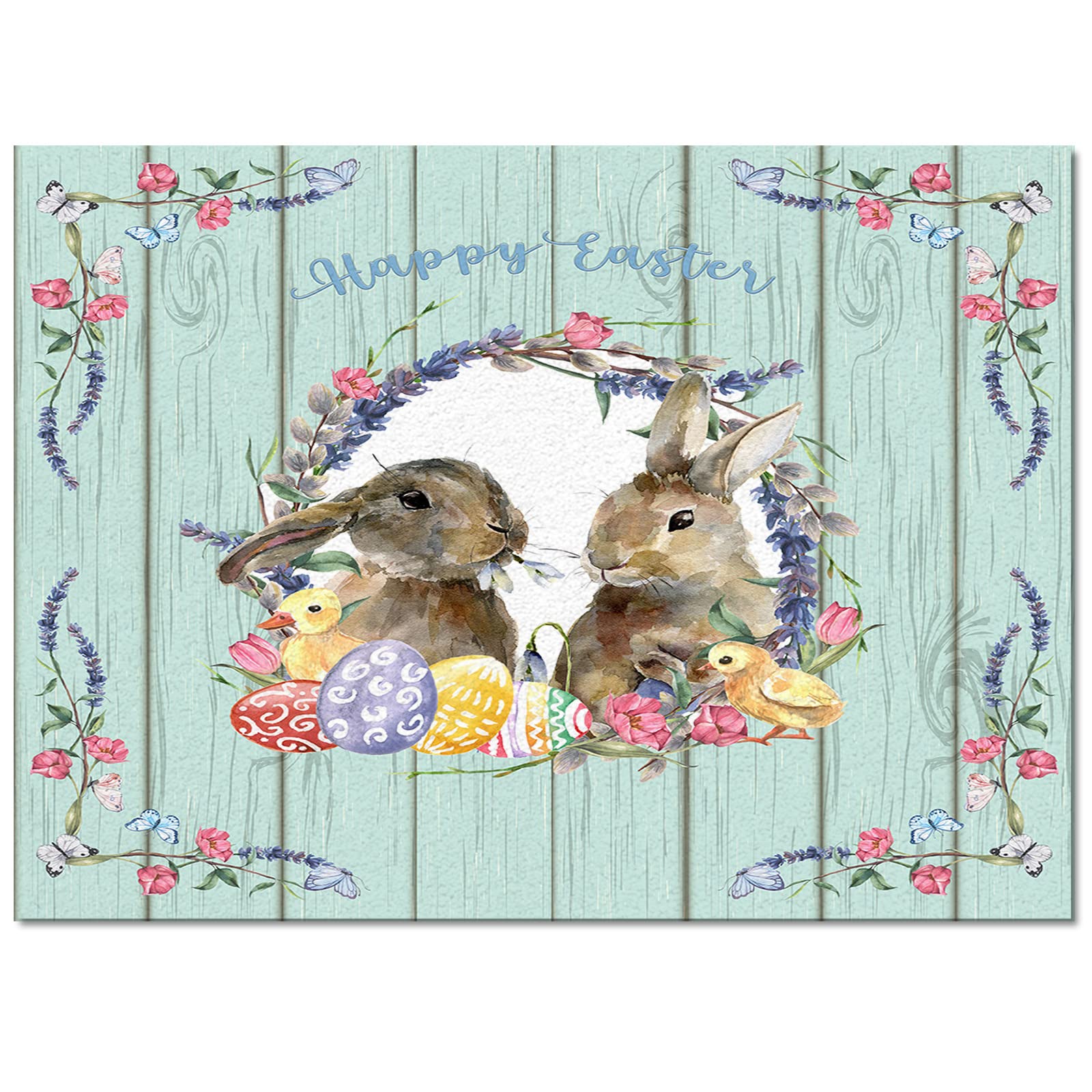 5' x 8' Non-Slip Easter Bunny Floral Wreath Area Rug - Wood Grain Pattern Rectangle Carpet for Living Room, Bedroom - Perfect for Spring Decor & Cozy Home Accents
