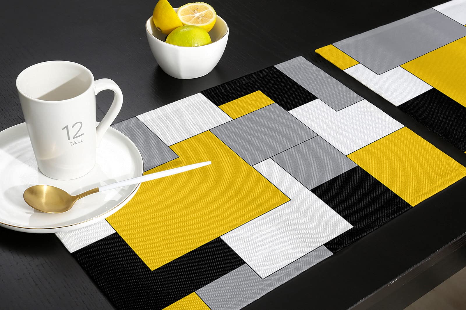 Abstract Geometric Place Mats Set of 6 - Mid Century Yellow Nordic Washable Table Mats for Dining Room, Kitchen Decor, Perfect for Dinner Parties & Everyday Use