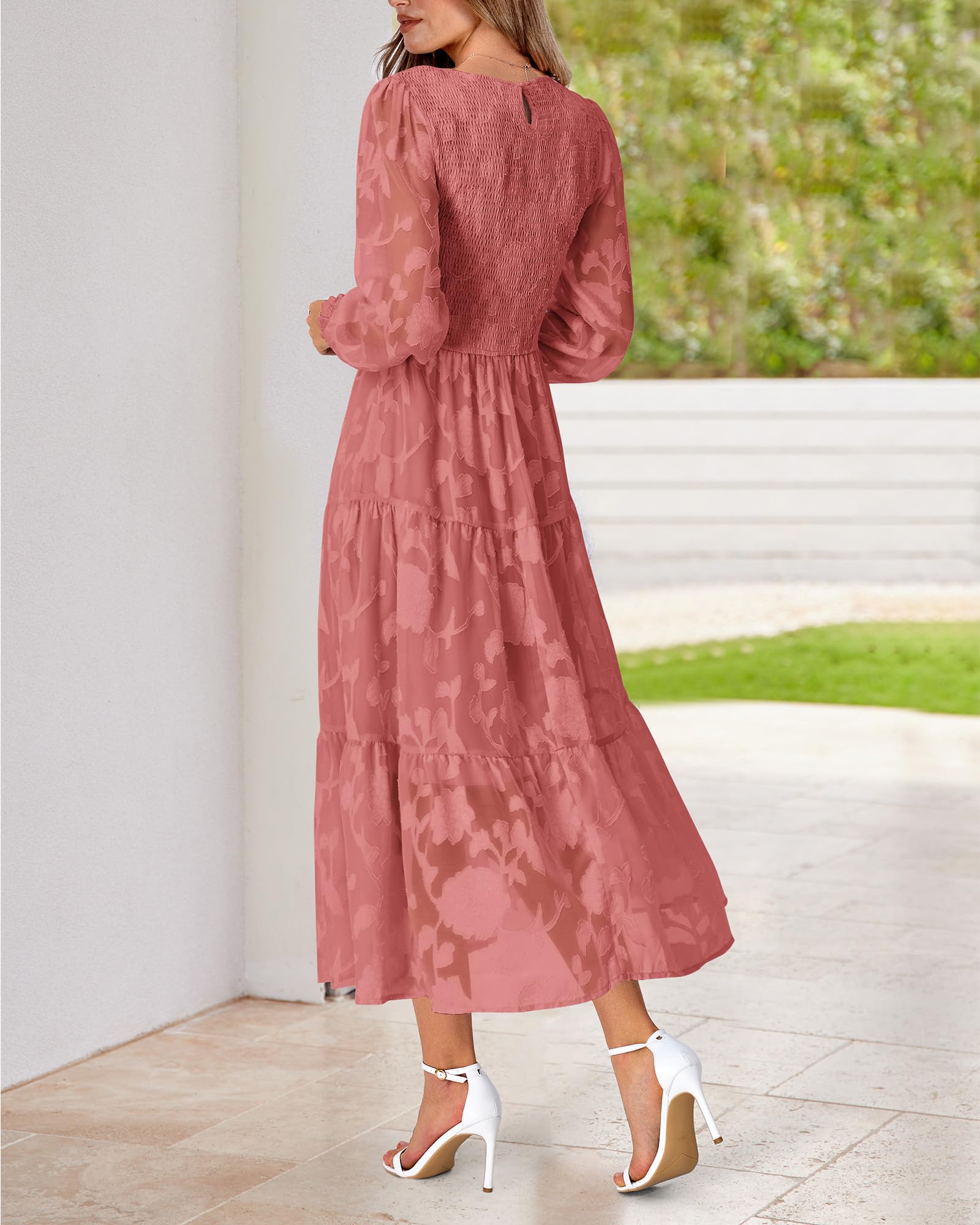 BTFBM Elegant Floral Midi Dress for Women - Long Sleeve Bohemian Wedding Guest Dress, Spring 2025 Flowy Casual Dress for Bridal Shower, Garden Party & Special Occasions