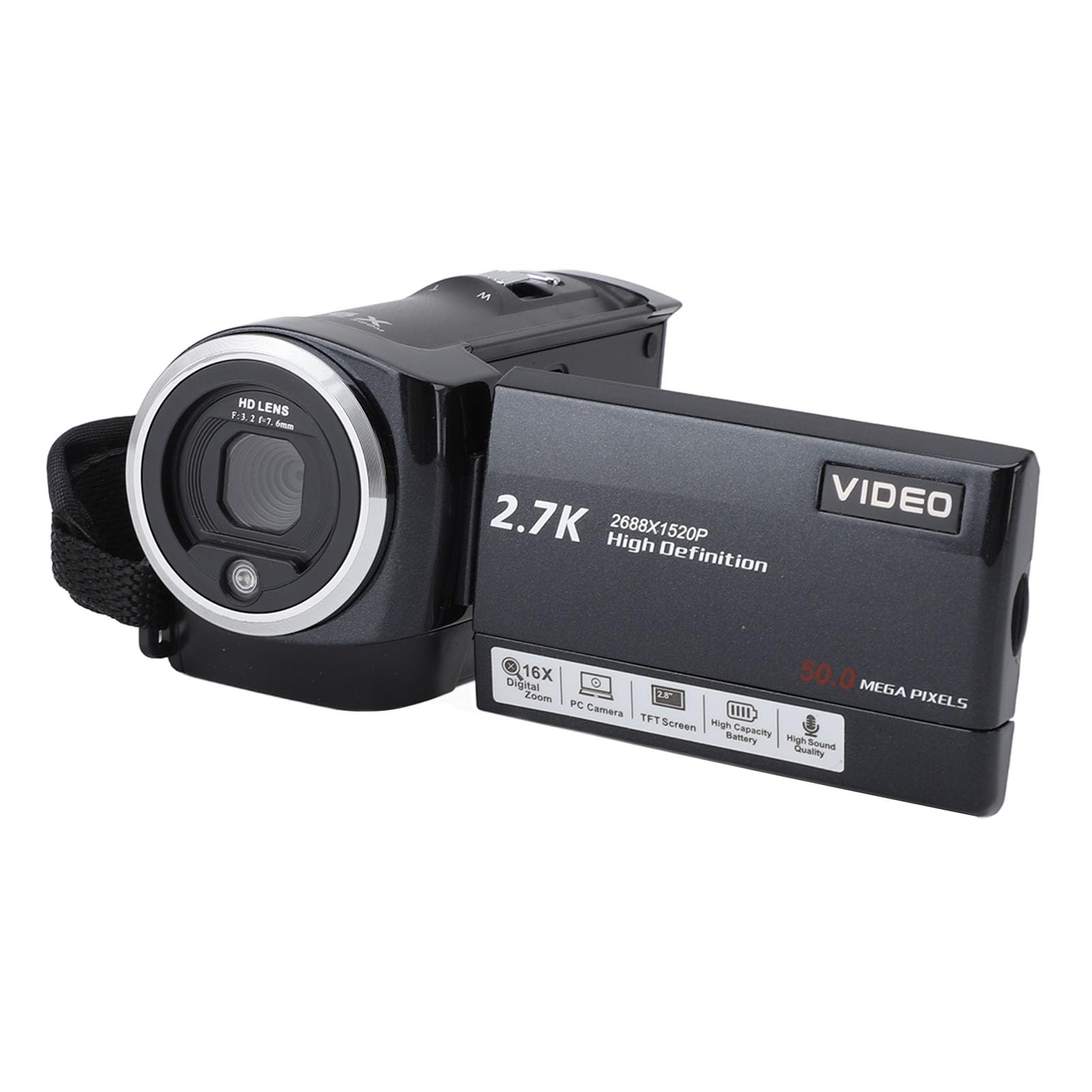 2.7K HD Video Camera Camcorder with 16x Digital Zoom & 50MP Resolution - Rotating Screen Vlogging Camera with 1/4