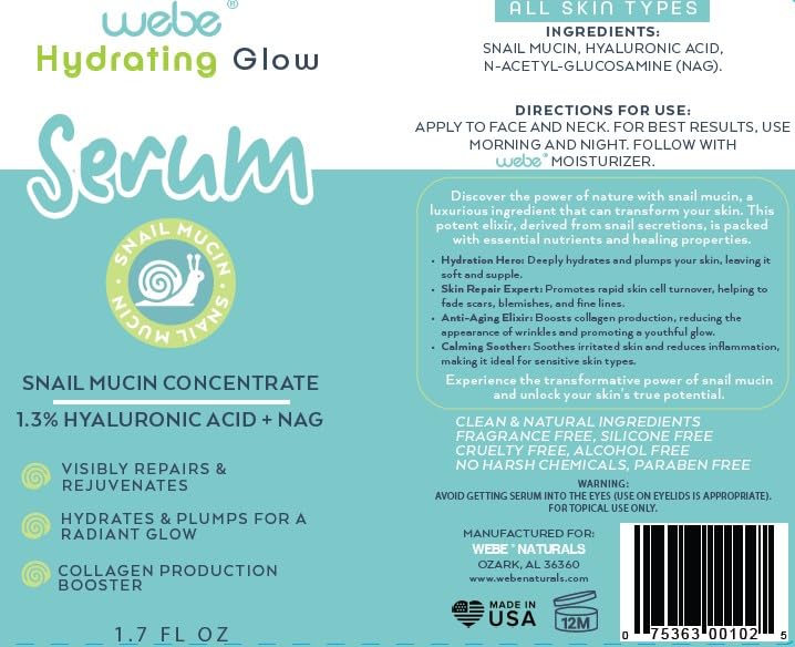 WEBE Hydrating Glow Snail Mucin Serum with Hyaluronic Acid & N-Acetyl Glucosamine | Collagen Boosting Face Serum for Radiant, Plump Skin | Lightweight Moisturizer for Dry, Sensitive Skin | Perfect for Daily Skincare Routine & Nighttime Hydration