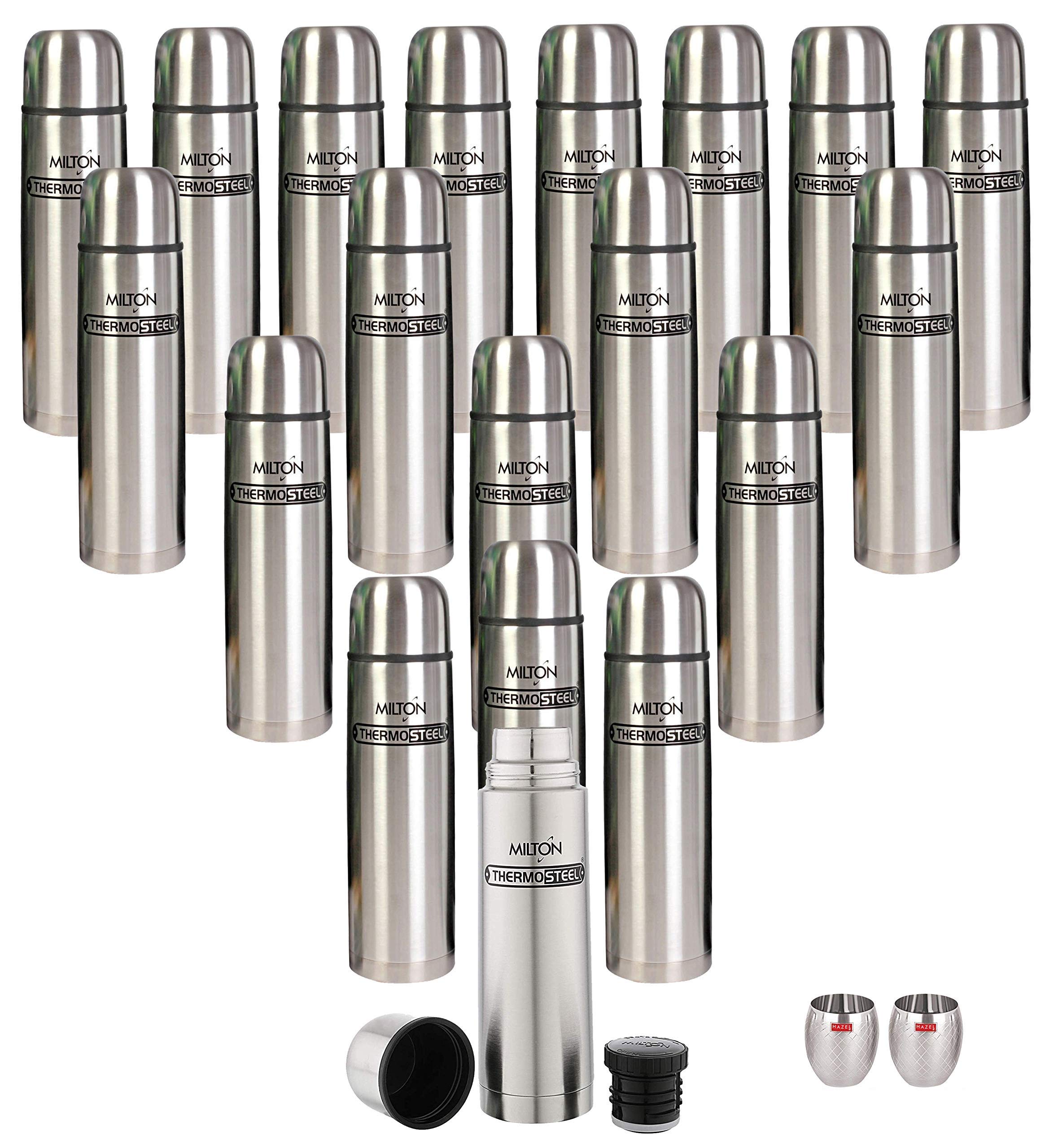 Milton Vacuum Flask ThermoSteel Stainless Steel Water Bottle - 350ml Hot & Cold Insulated Bottle, Set of 19 with Plain Lid + 2 Hazel Stainless Steel Glasses - Perfect for Office, Gym, Hiking & Outdoor Activities