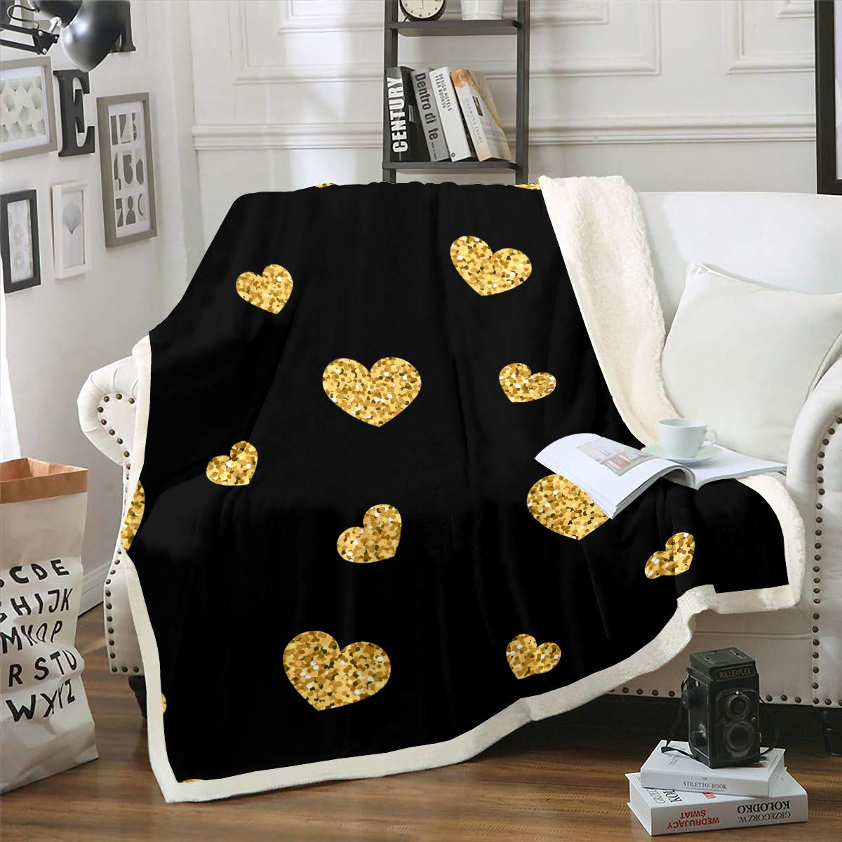 Soft Gold Love Pattern Sherpa Blanket - 30x40 Inch Microfiber Flannel Throw for Couch, Sofa, Chair & Bed - Breathable Polyester Cozy Blanket for Winter, Home Decor, Gifts and Movie Nights