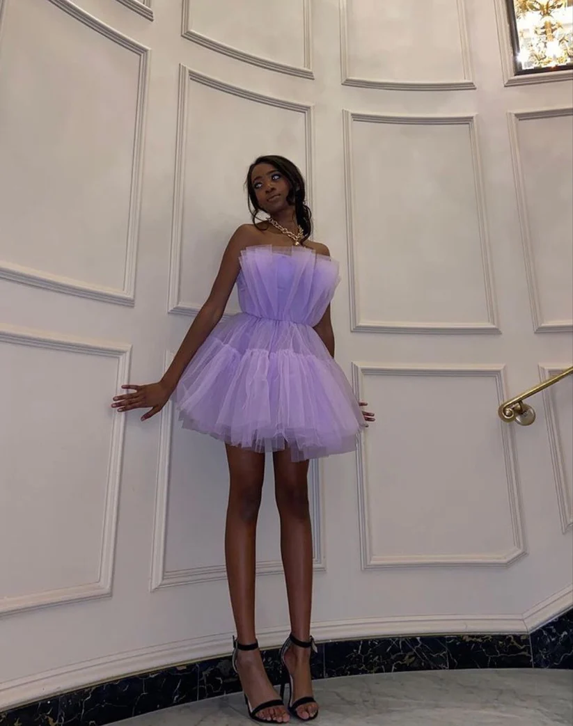 Lilac Tulle Mini Prom Dress Strapless Homecoming Dress J4026 - Elegant & Flirty for Parties, Dances & Special Occasions
