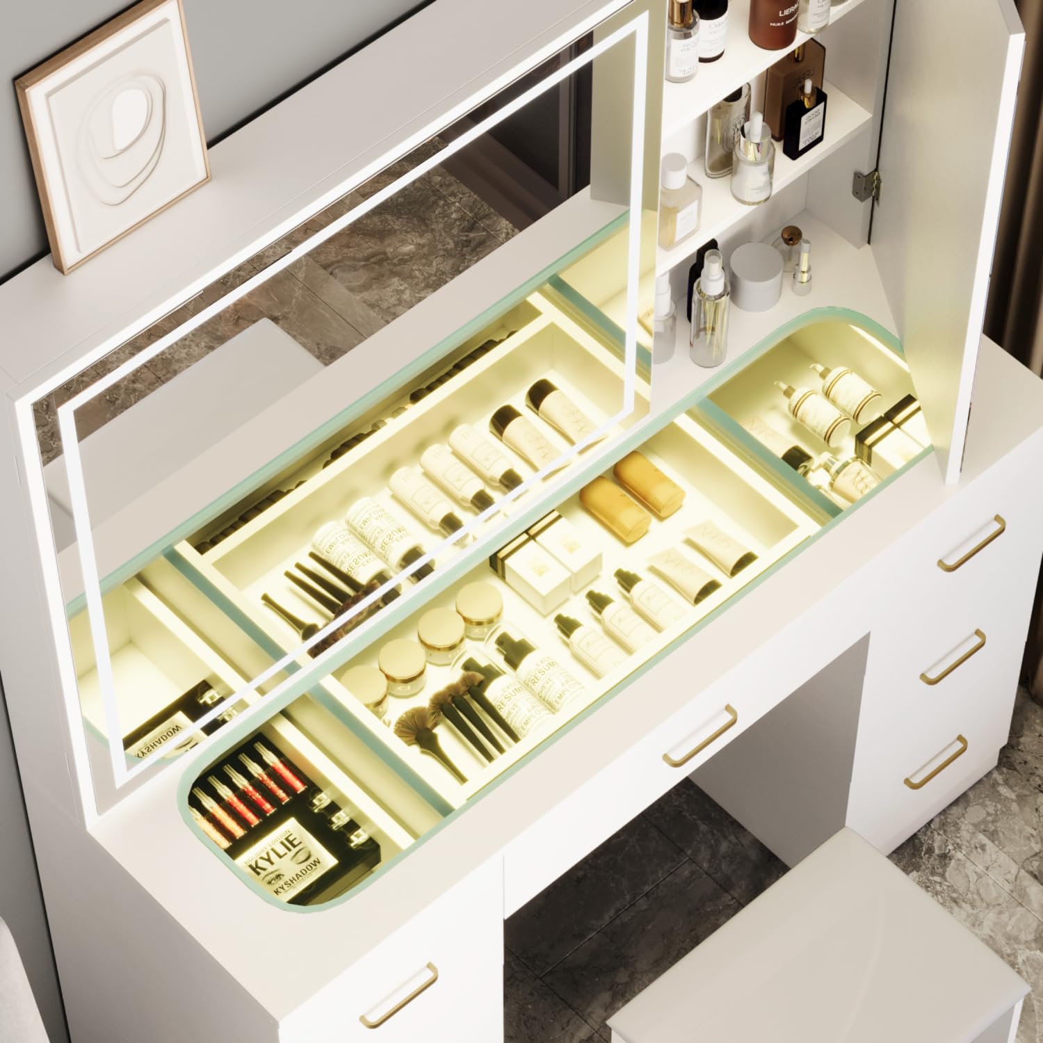 Modern White Glass Top Vanity Desk with 7 Drawers, Adjustable LED Mirror & Stool - Clear Dressing Table for Bedroom Makeup & Skincare Routine