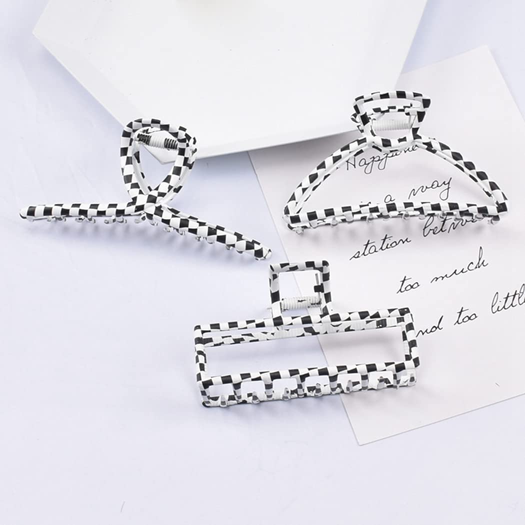 Fashionable Checkered Metal Hair Claw Clips for Women & Girls - 3PCS Set, Strong Hold Hair Jaw Clips for Spring & Summer Styling - Perfect for School, Work, Parties & Everyday Use