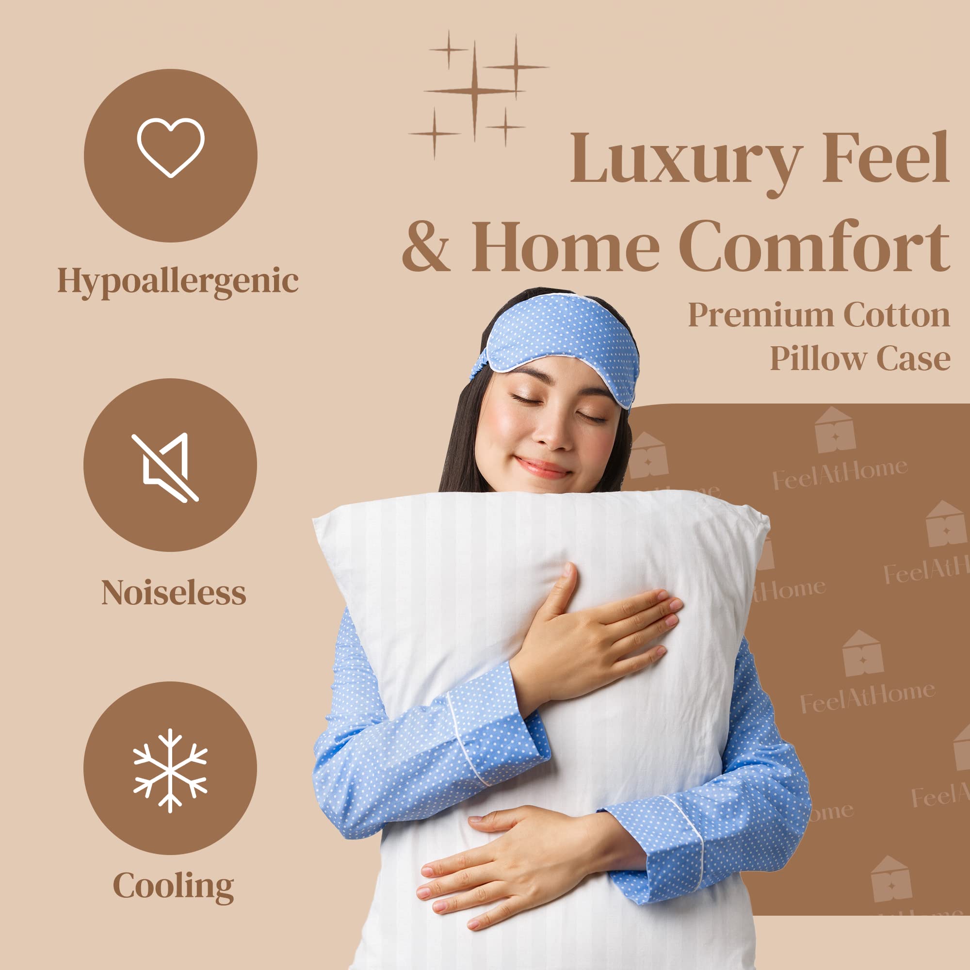 FeelAtHome 100% Cotton Zippered Pillowcase Cover Set - 30x20 Inches (4 Pack, Queen Size) - Waterproof, Noiseless Pillow Protector for Bed, Sofa & Travel - Hypoallergenic Queen Pillow Cover for Home & Hotel Use