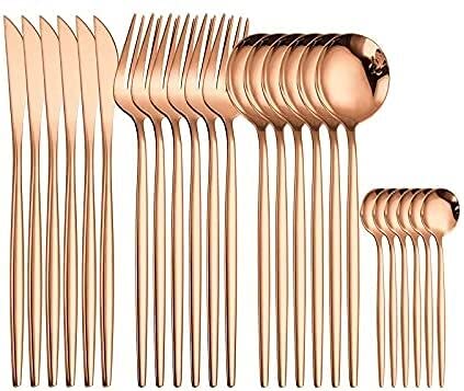 24-Piece Stainless Steel Rainbow Cutlery Set - Rose Gold Dinnerware with Forks, Spoons & Knives for Kitchen, Dining & Party Tableware