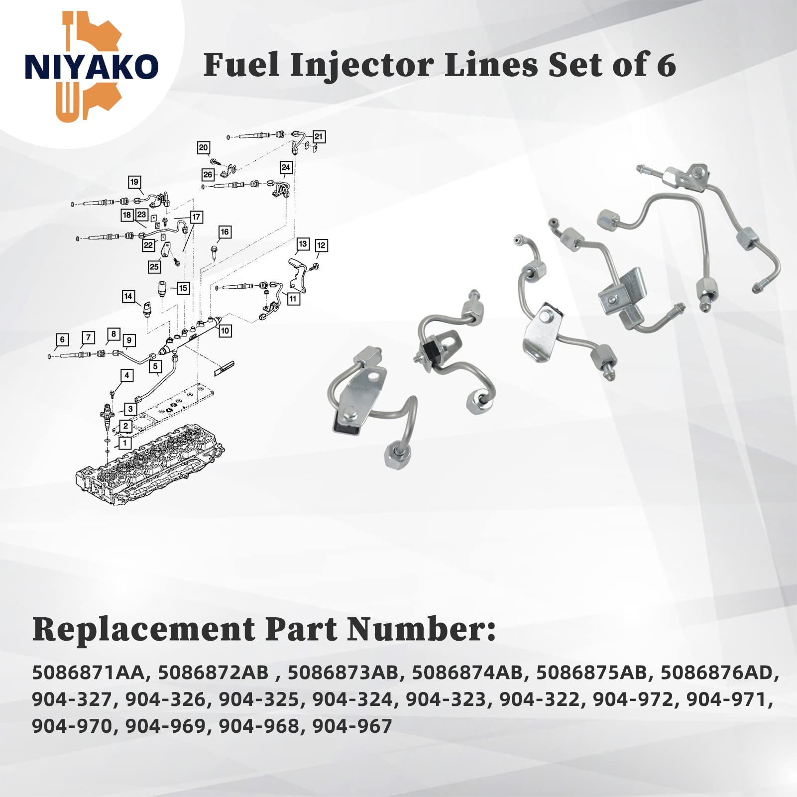 6-Piece Fuel Injector Supply Lines Replacement Kit - Compatible with 2003-2009 Ram 2500/3500 5.9L Diesel (Part #5086872AB, 5086871AA, 5086873AB, 5086876AD) - Perfect for Engine Maintenance & Performance Upgrades