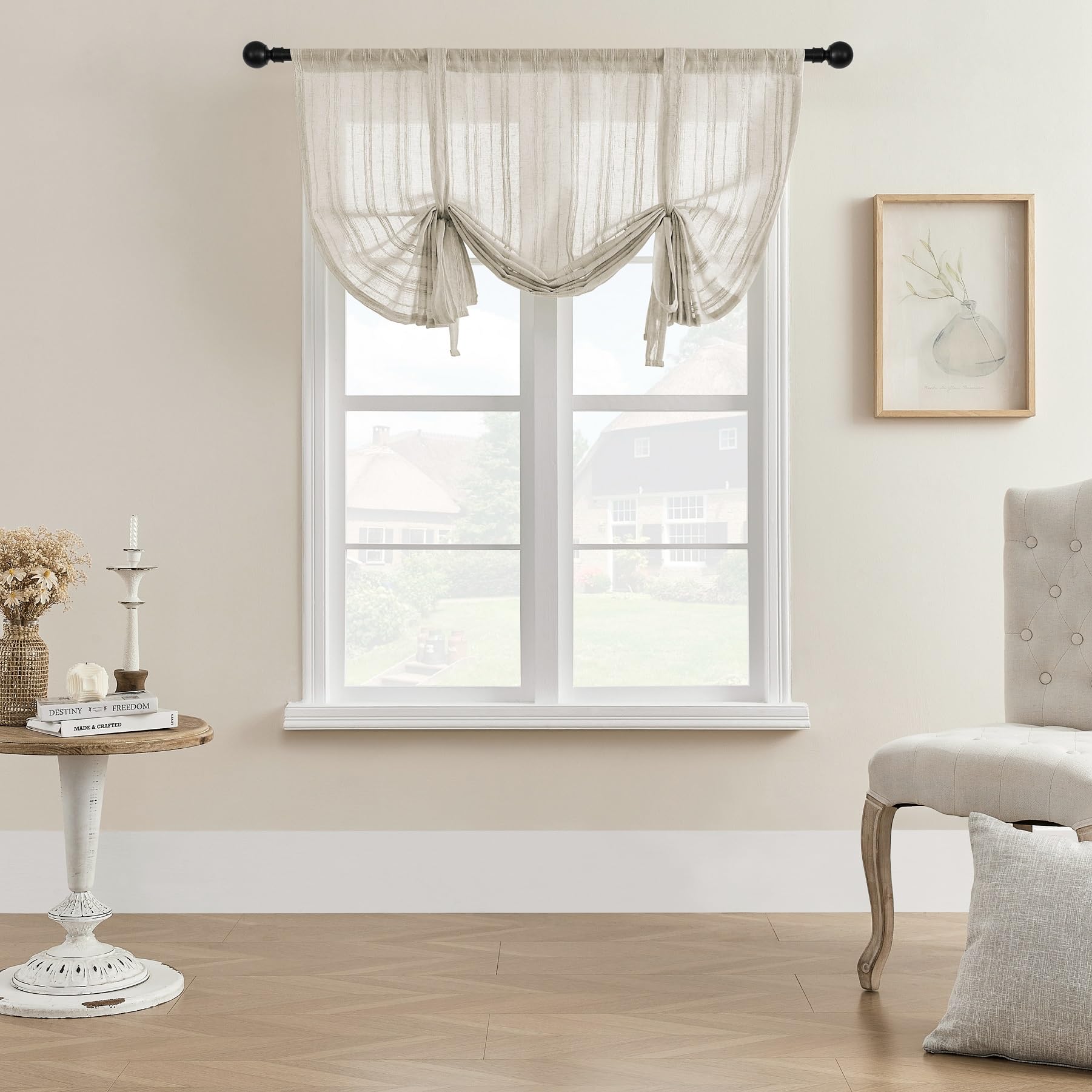 Striped Linen Curtains for Windows - Thermal Insulated Privacy Drapes with Rod Pocket & Multi Hanging Options, Beige & White 42x63 Inch - Perfect for Bedroom, Living Room & Small Windows