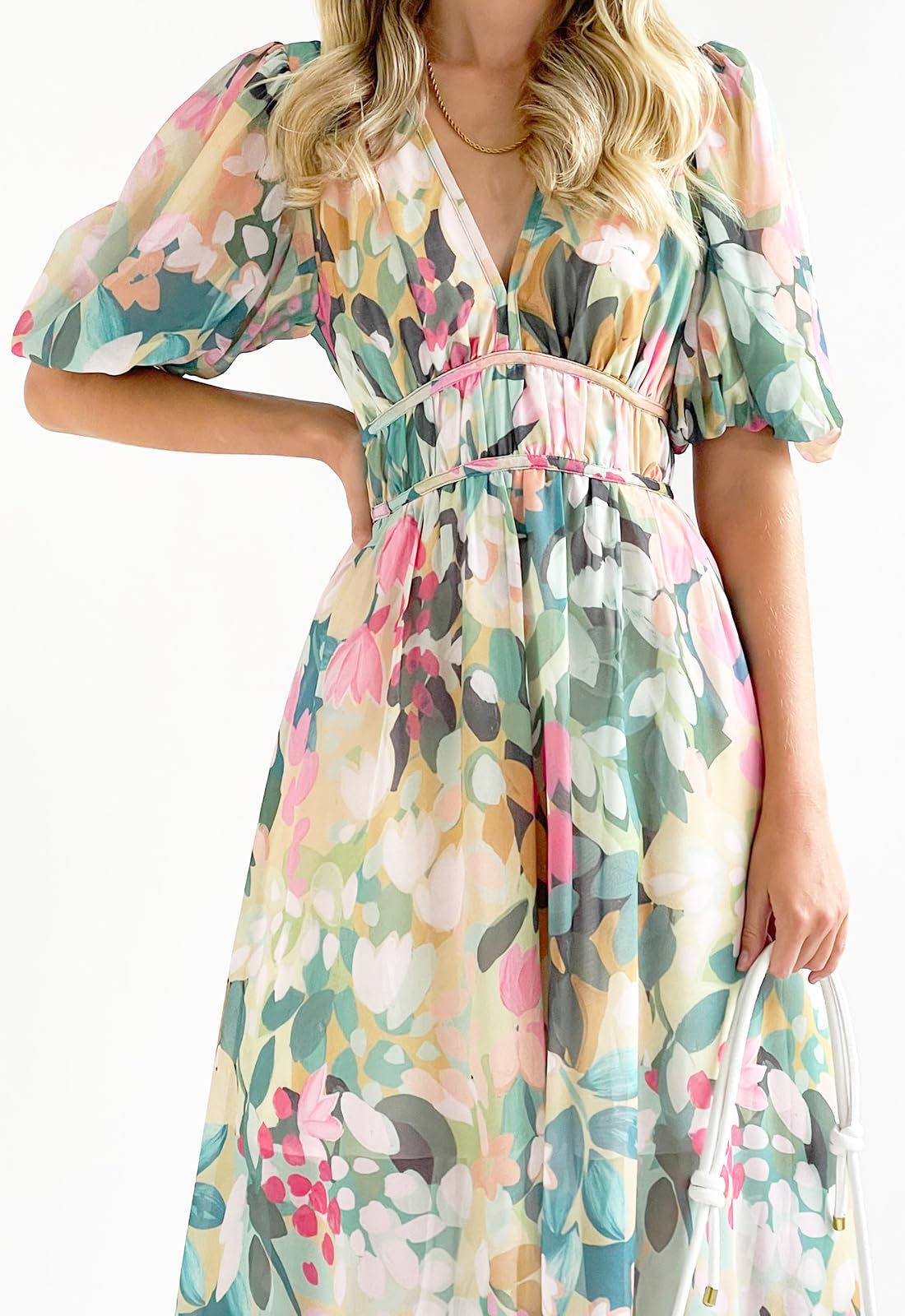 Sissyaki Women's Boho Floral Midi Dress - Smocked Waist Flowy Summer Beach Dress for Vacation, Date Night & Outdoor Parties