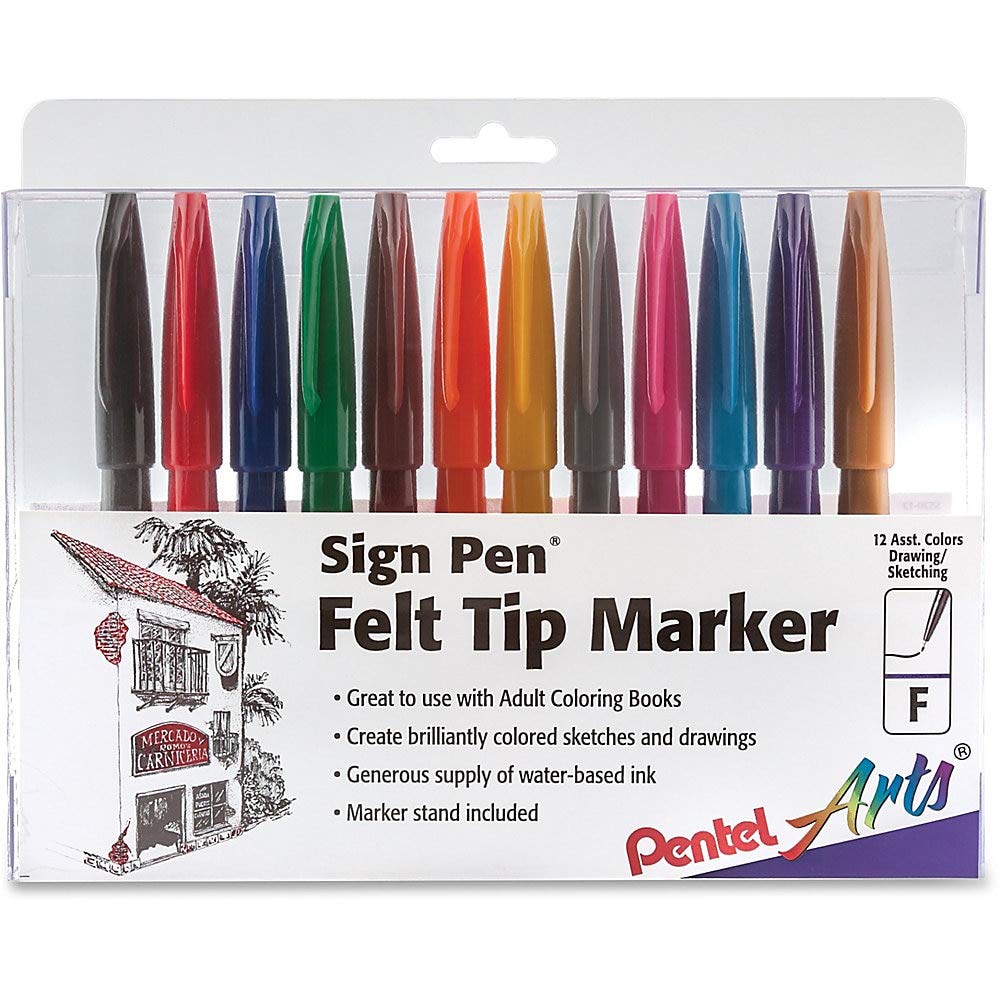 Pentel Felt Tip Sign Pen Set of 12 Assorted Colors (S520-12) - Vibrant Markers for Office, School, Art Projects & Bullet Journaling