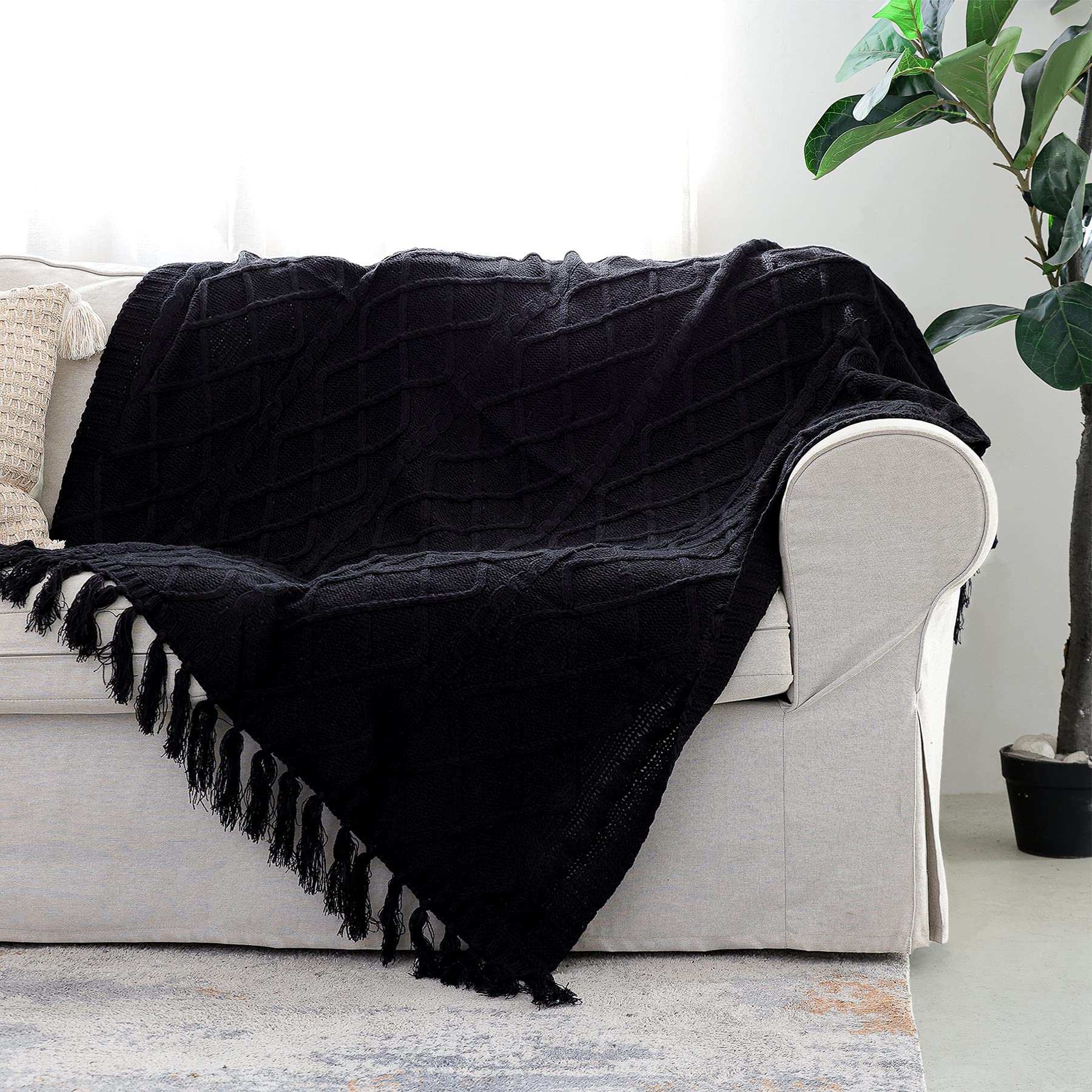 Soft & Cozy Cable Knit Throw Blanket - Lightweight Decorative Fringed Blanket for Couch, Chair, Bed & Sofa - Black 50x60 Inches - Perfect for Living Room, Bedroom & Home Decor