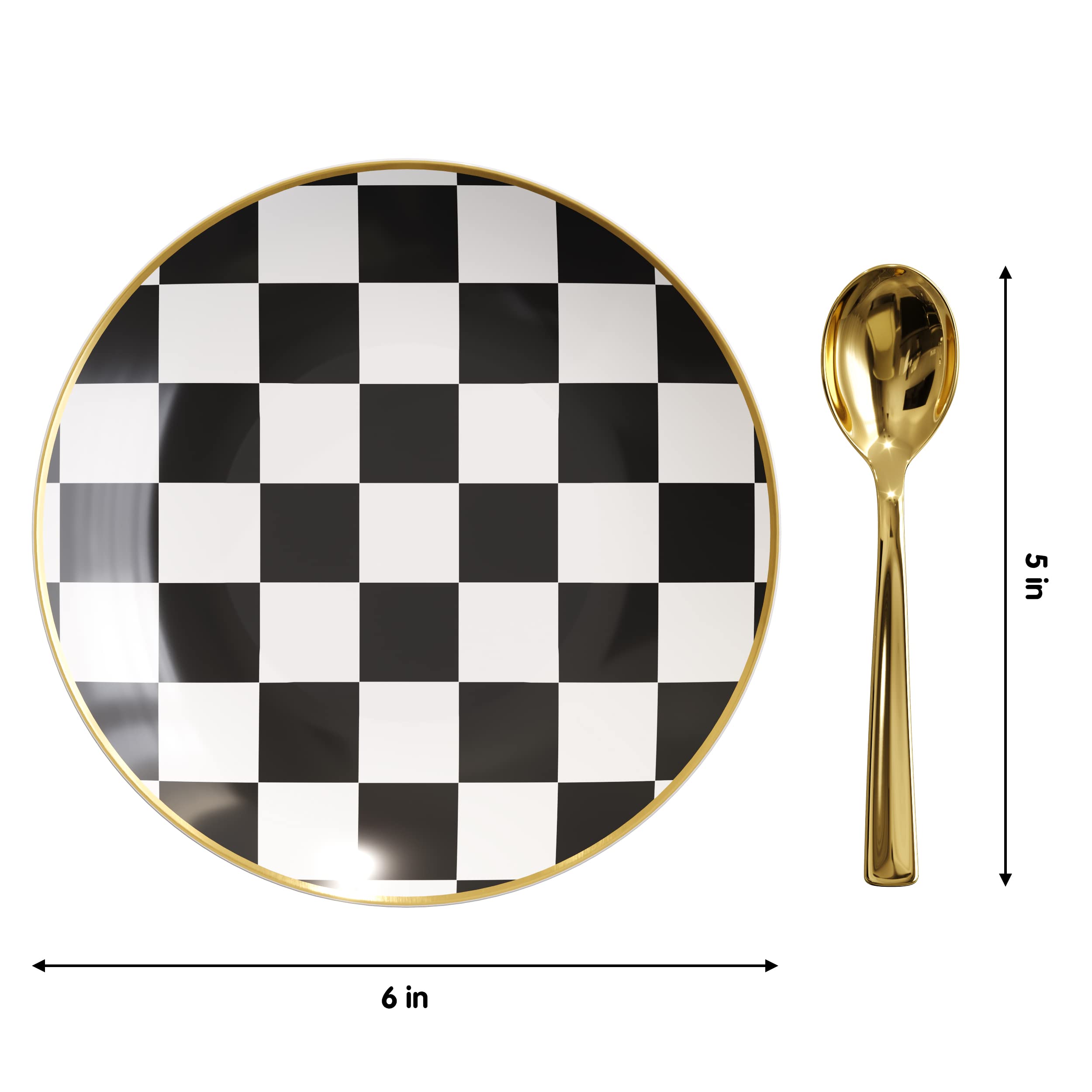 Trendables 120-Pack Mini Disposable Checkered Dessert Plates with Gold Rim & Matching Plastic Spoons - Elegant Party Serving Set for 60 Guests, Perfect for Weddings, Birthdays & Special Occasions