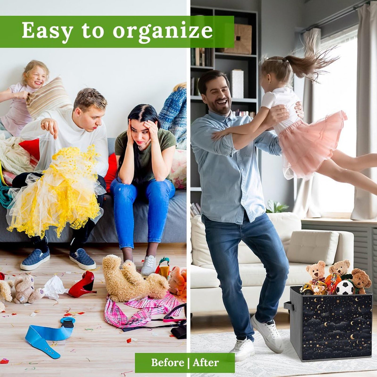 2PCS Collapsible Storage Bins with Dual Handles - Foldable Fabric Storage Baskets Organizer Cubes with Stars & Moon Pattern for Clothes, Toys, Home Organization - Perfect for Bedroom, Closet, Nursery & Office Storage Solutions
