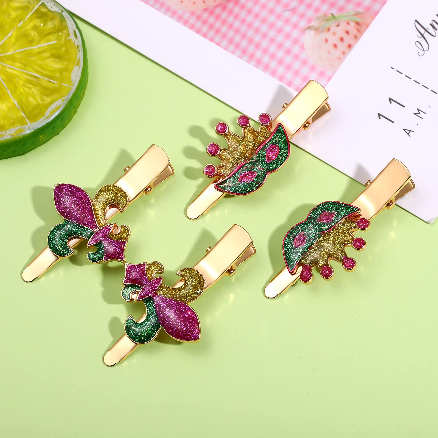 Sparkly Mardi Gras Hair Clips - Cute Fleur De Lis Sequin Barrettes & Glitter Crown Hairpins for Carnival, Festive Parties, Parades & Holiday Celebrations - Perfect Costume Accessories for Women & Girls