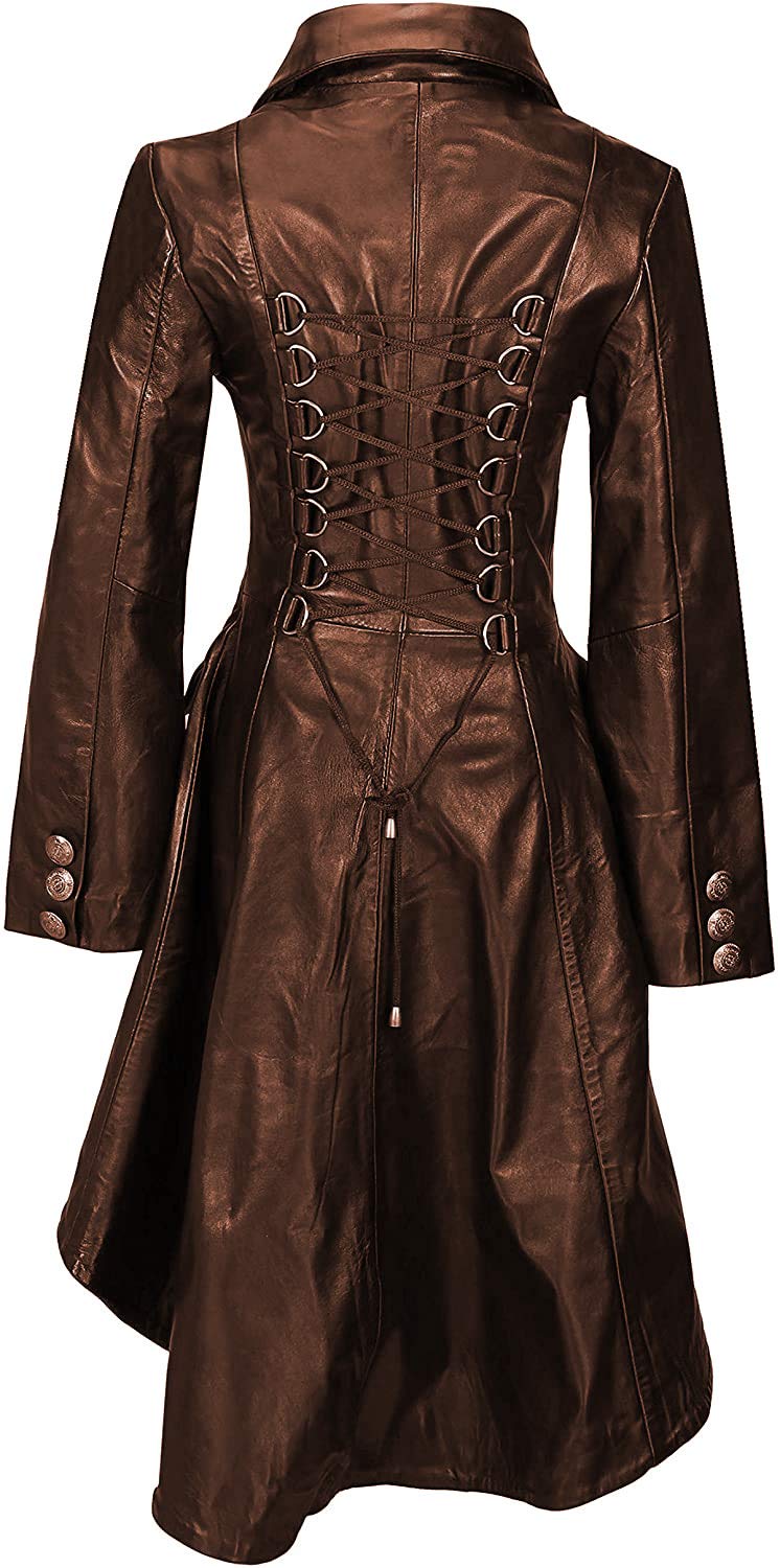 Gothic Black Real Leather Jacket for Women - Victorian Style Fitted Coat with Lace Back Detail | Perfect for Halloween, Cosplay, and Steampunk Fashion
