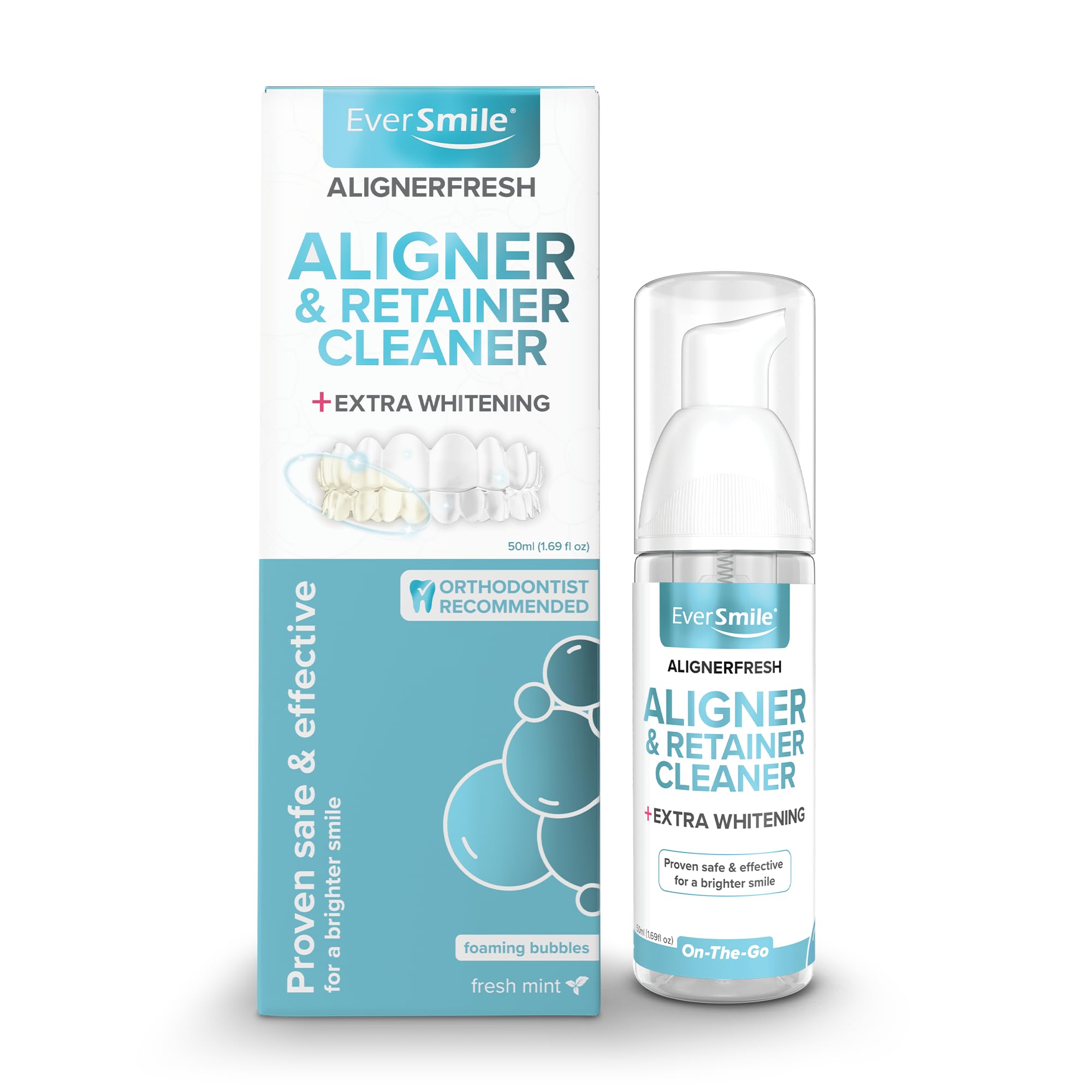 EverSmile AlignerFresh Extra Whitening Foam - Clear Aligner & Retainer Cleaner - Removes Bacteria, Whitens Teeth, Freshens Breath - 50ml (1 Pack) - Perfect for Invisalign, SmileDirectClub & Nighttime Retainer Care