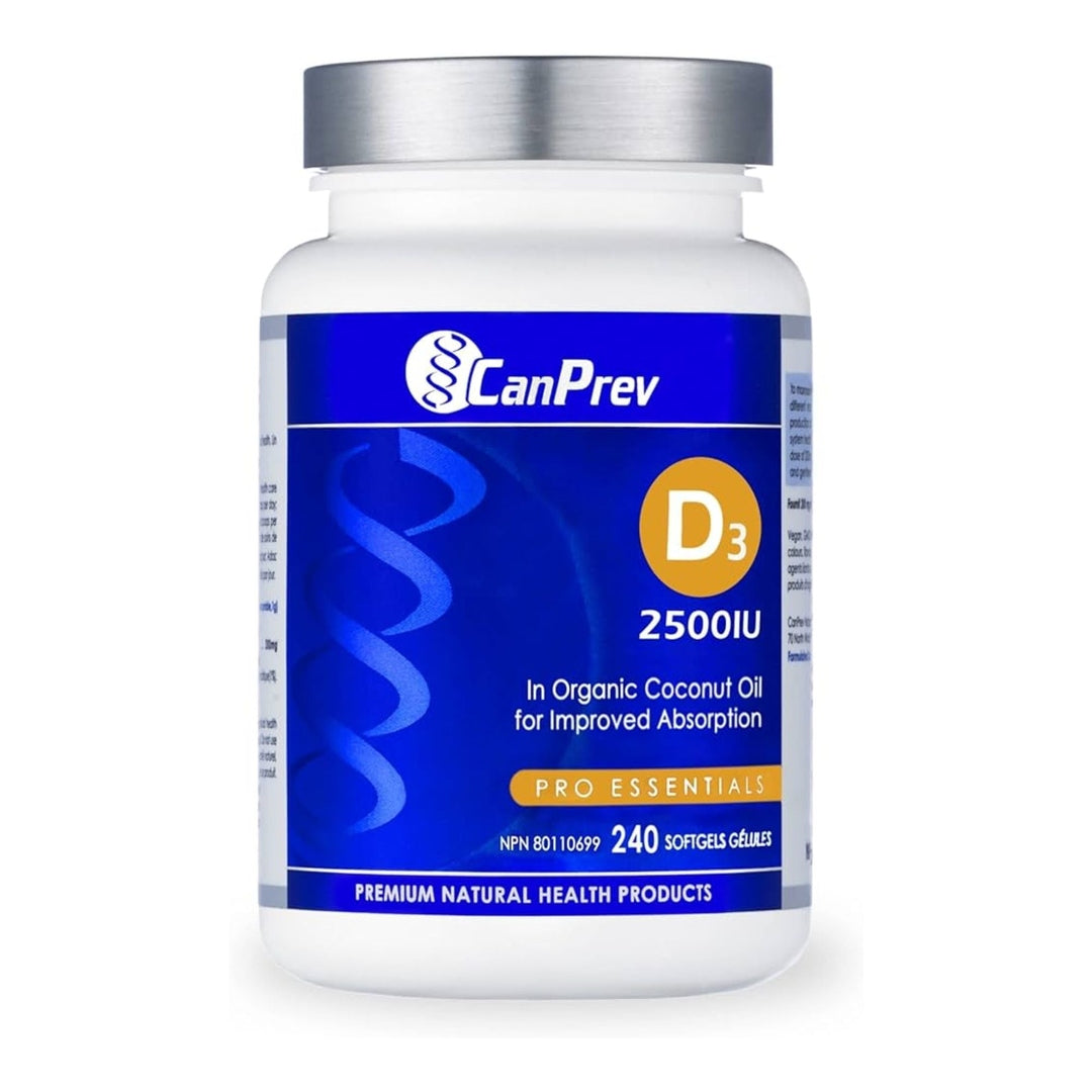 Canprev Vitamin D3 2,500 IU Softgels (240 Count) - MCT Oil Base for Better Absorption - Supports Immune & Bone Health - Perfect for Daily Supplementation at Home or Travel