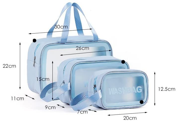 ALMURAT 3-Piece Clear Transparent Matte Finish Travel Makeup Pouch Set | Waterproof PU Leather Cosmetic Organizer Bag for Women & Girls | Toiletry Storage Kit (Sky Blue) | Perfect for Air Travel, Gym, Beach & Daily Essentials Organization