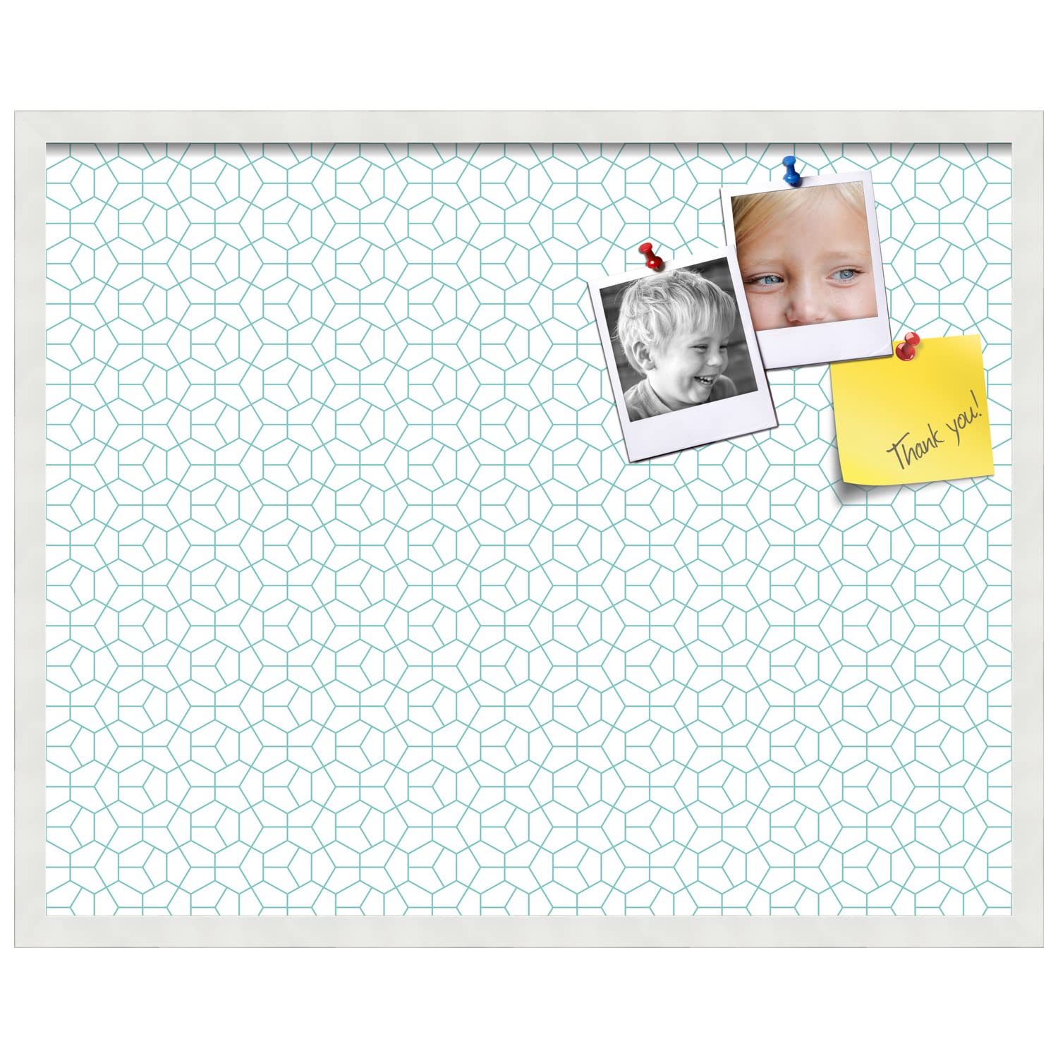 PinPix 30x24 Inch Cork Bulletin Board with Modern Hex Aqua Design & Satin White Frame - Decorative Wall Pin Board for Home Office Decor, School Classroom, Dorm Room Organization & Message Display