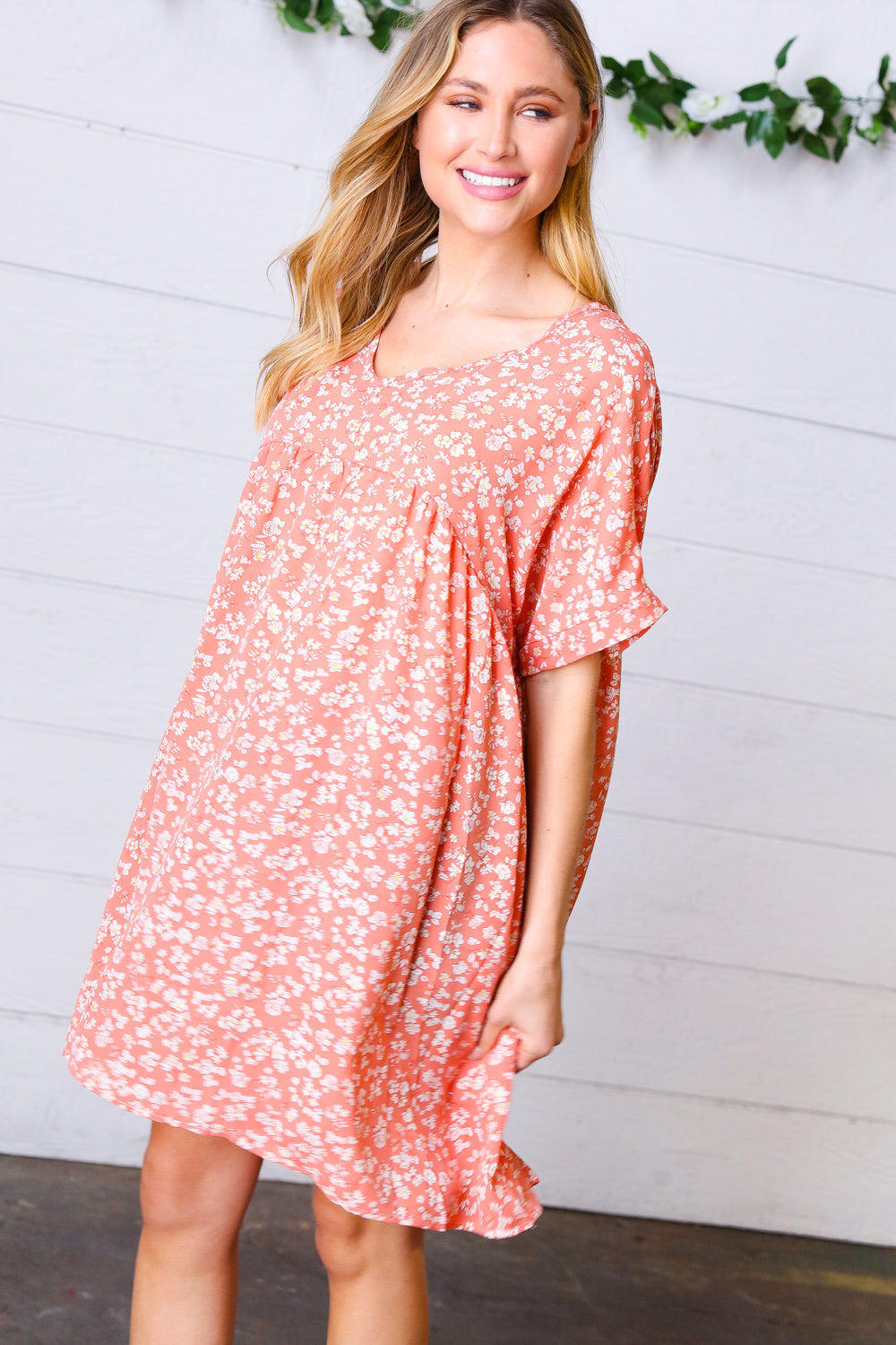 Peach Ditzy Floral Woven Dolman V-Neck Dress for Women - Summer Boho Casual Sundress for Beach, Vacation & Outdoor Parties