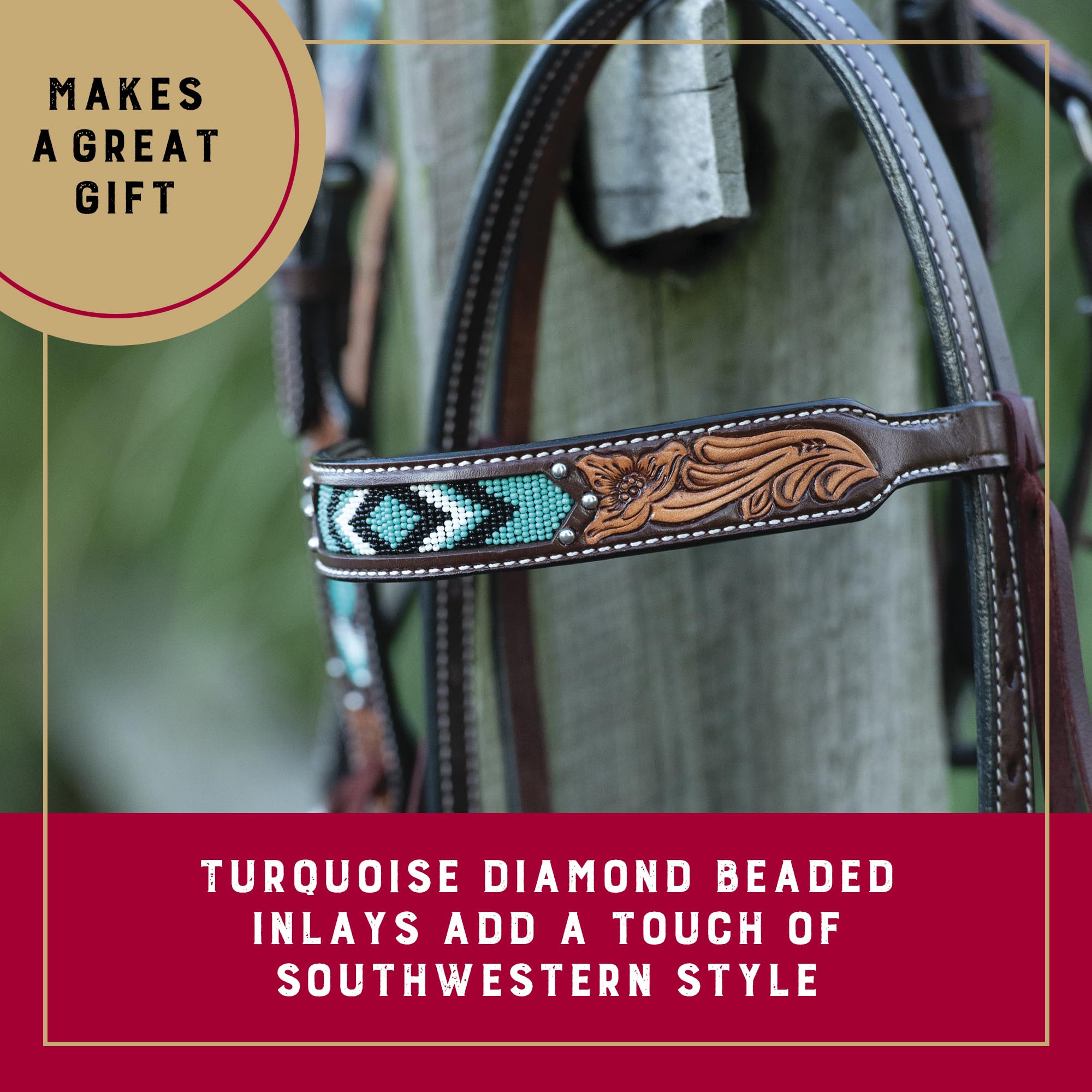 Turquoise Diamond Beaded Leather Horse Headstall - Durable Trail Riding Headstall for Horses - Dark Oil Finish Equine Supplies for Western & Show Riding