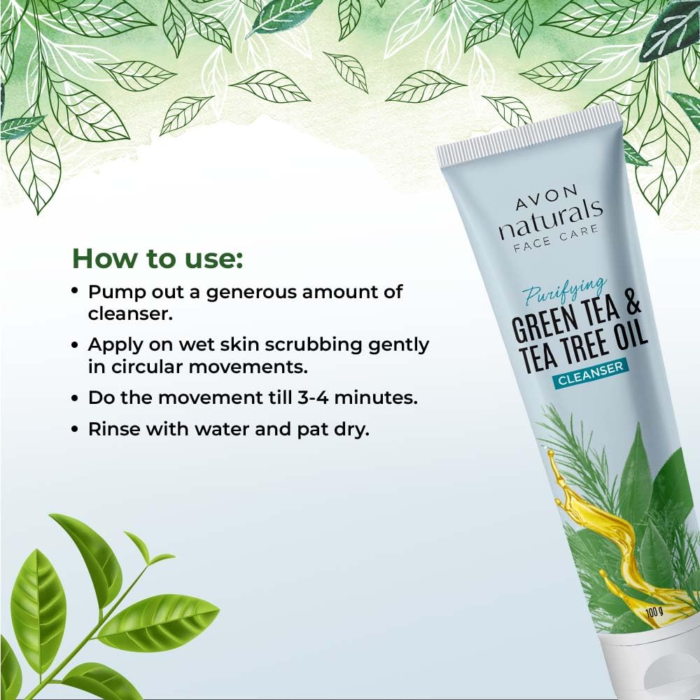 AVON Naturals Green Tea & Tea Tree Oil Facial Cleanser 100g - Deep Cleansing for Acne-Prone & Oily Skin | Gentle Daily Face Wash for Men & Women