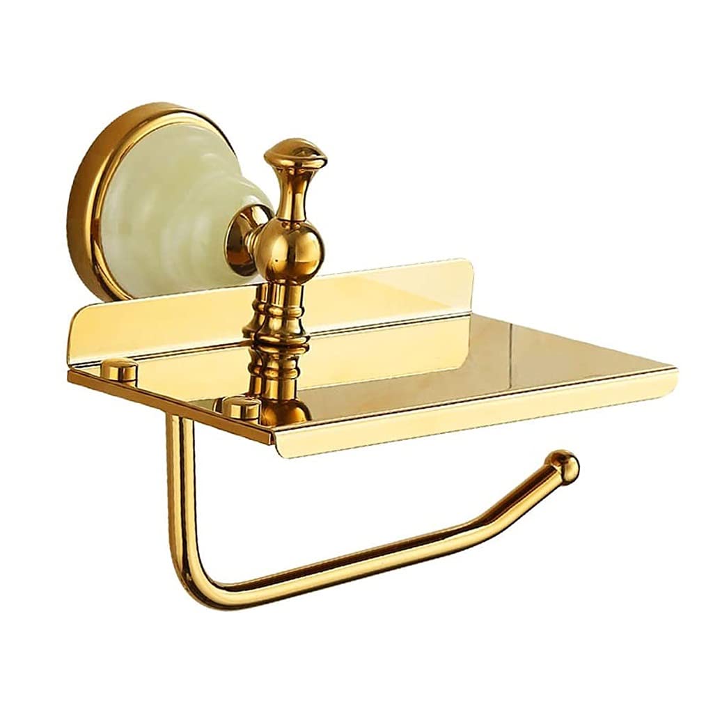Wall Mounted Toilet Paper Holder with Phone Shelf - Brushed Gold Bathroom Tissue Roll Dispenser & Storage Organizer - Perfect for Small Bathrooms, Powder Rooms & Vanity Areas