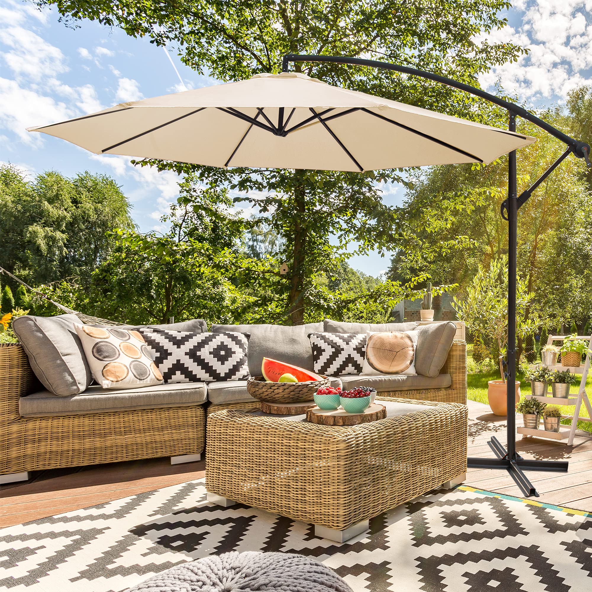 10FT Offset Cantilever Patio Umbrella with Crank & Cross Base - Beige Outdoor Hanging Market Umbrella for Backyard, Poolside, Lawn, Garden, and Patio Furniture Shade