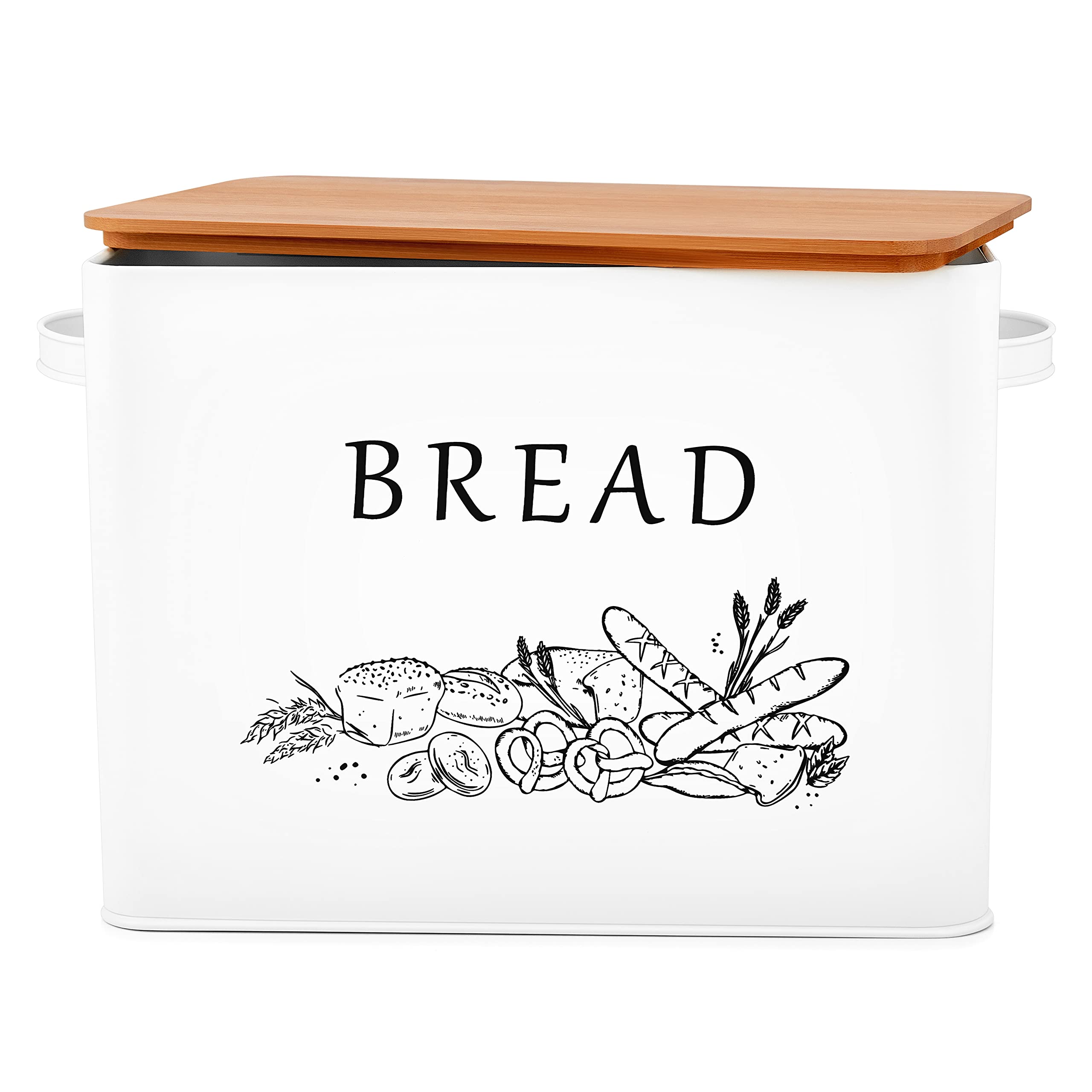Farmhouse Style Extra Large Metal Bread Box with Bamboo Lid - 13” x 7.2” x 9.8” White Bread Storage Container for Kitchen Countertop - Perfect for Bread, Baguettes, and Pastries Storage