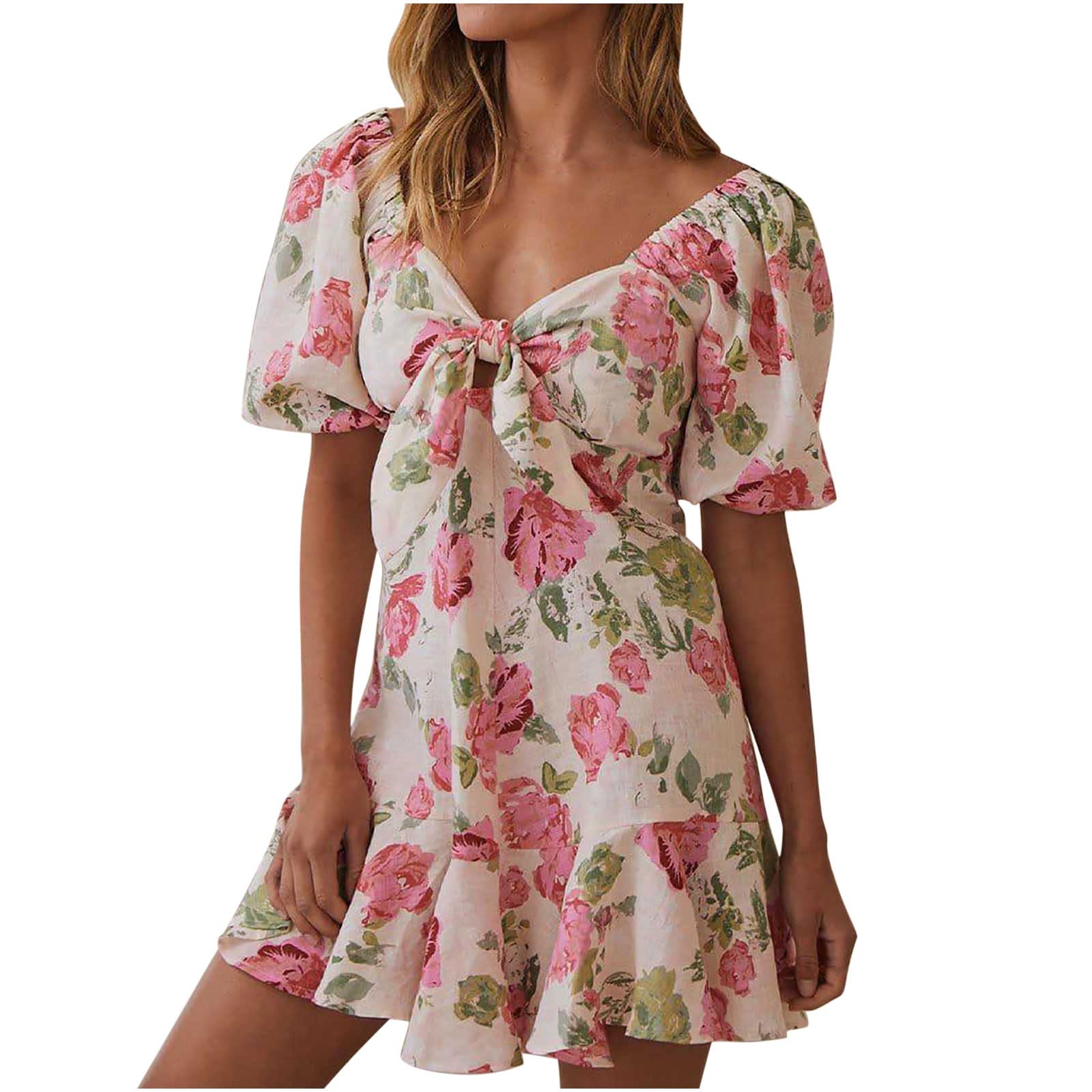Women's Mini Floral Dress with Puff Short Sleeves & V-Neck Ruffle - Summer Casual T-Shirt Dress for Wedding Guest, Beach Party & Date Night