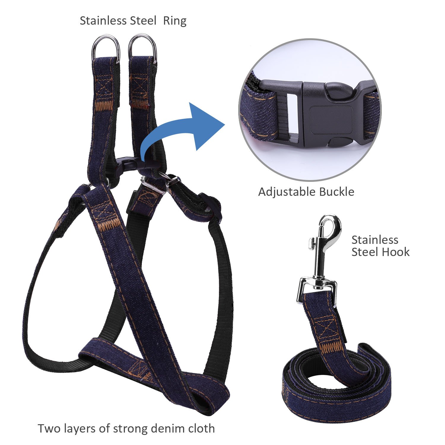 Premium Dog Harness, Leash & Collar Set - Heavy Duty Nylon with Denim Design for Small, Medium & Large Dogs - Perfect for Walking, Training & Outdoor Adventures (M, Black)