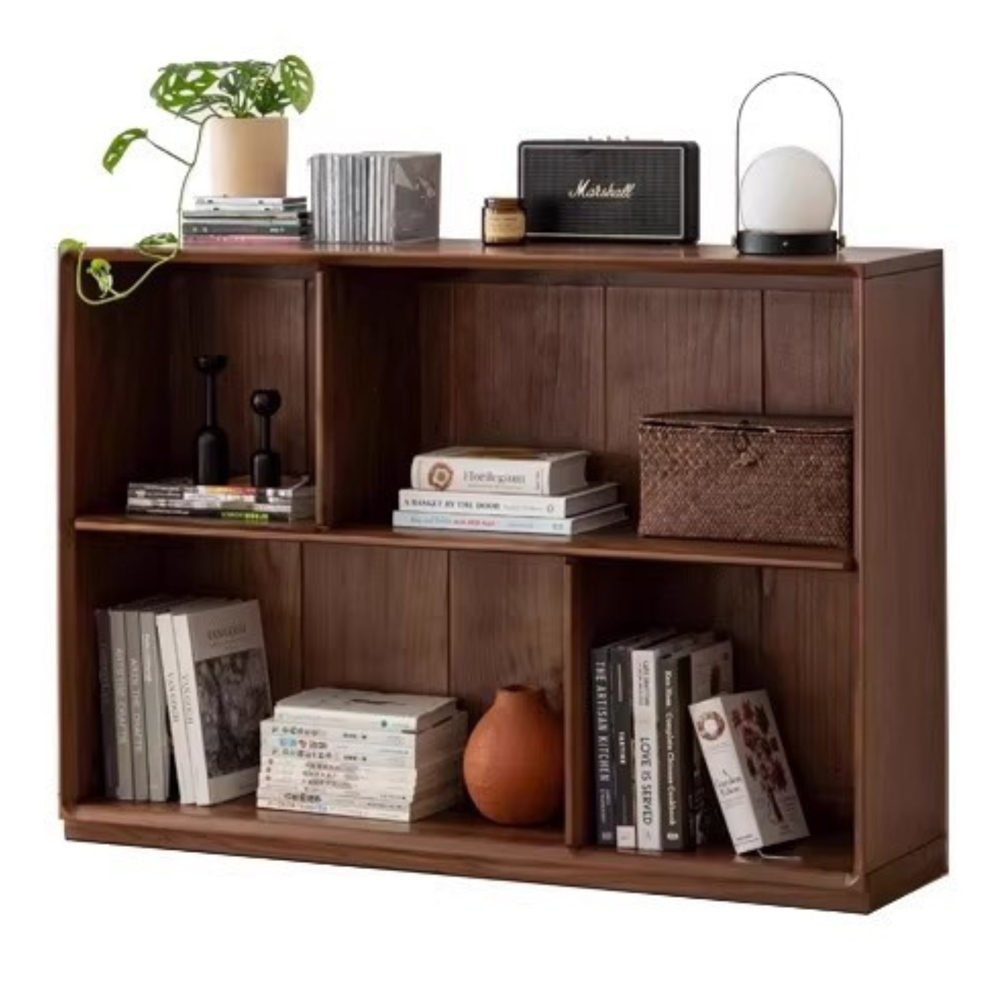 Solid Black Walnut Wood Floor Standing Low Bookcase - Modern Bookshelf with Storage for Living Room, Office & Study | Durable Wooden Shelf for Home Decor & Organization
