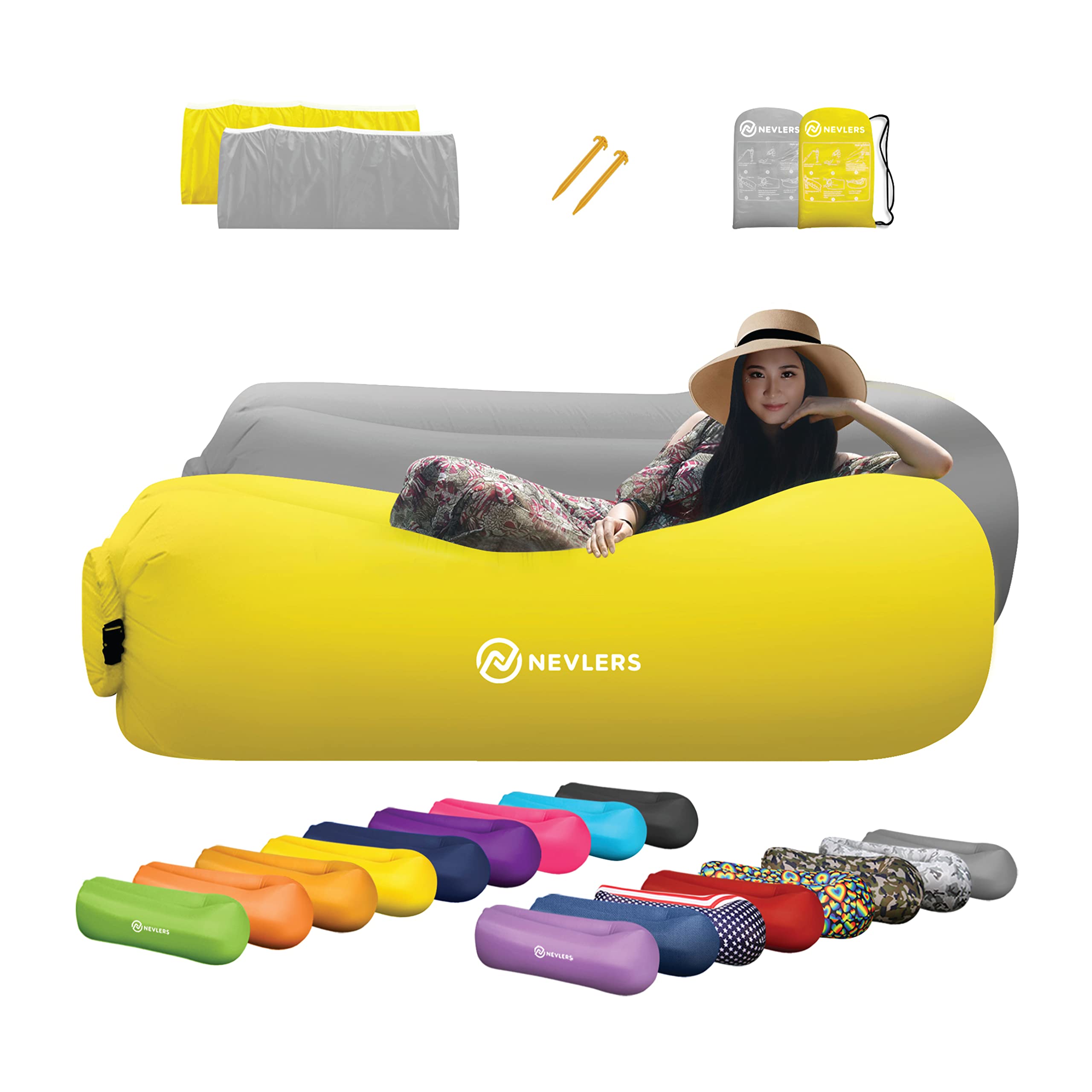 Nevlers 2 Pack Inflatable Lounger Air Sofa - Portable Outdoor Beach Chair, Camping Chair & Travel Hammock with Carry Bag & Storage Pockets | Perfect for Beach, Poolside, Picnics, Camping & Backyard Relaxation