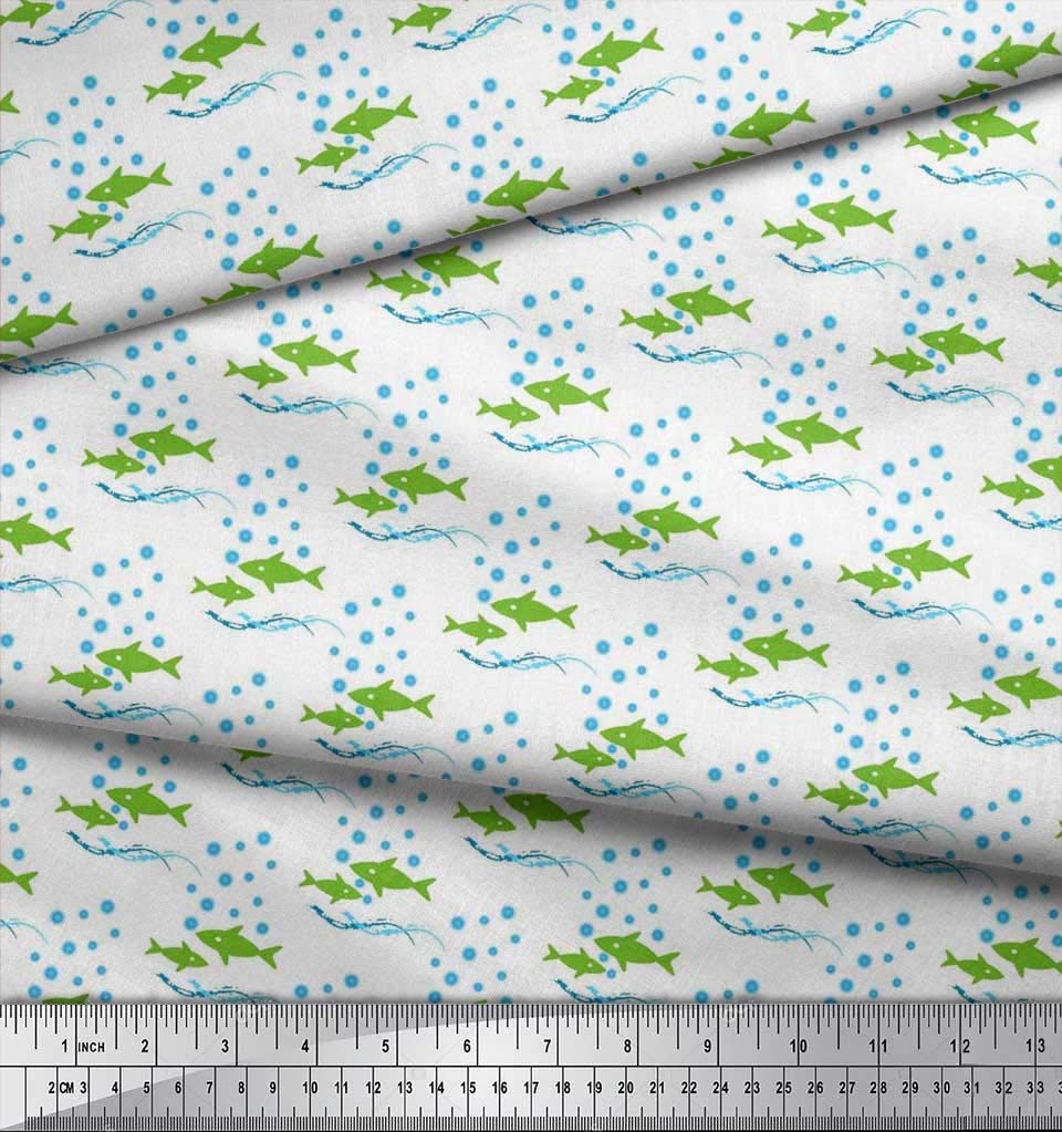 Soimoi Silk Green Fabric by The Yard - 42 Inch Wide Ocean Waves & Fish Print Material for DIY Sewing, Home Decor, Curtains & Upholstery - Nautical Themed Printed Silk Fabric for Dresses, Scarves & Craft Projects