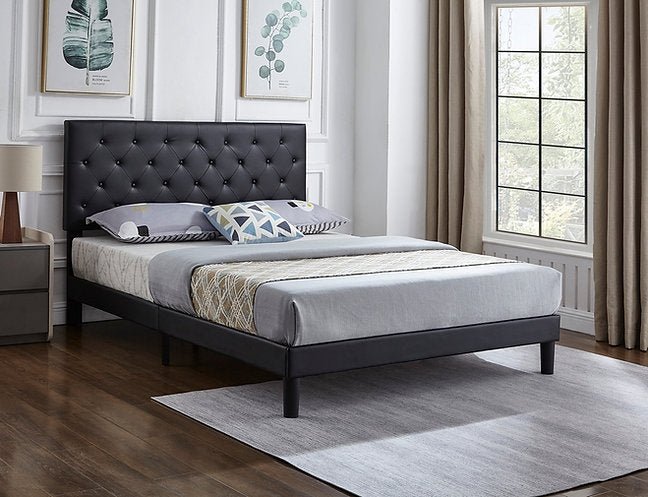 Luxury Black PU Leather Bed Frame with Diamond Button Tufting - Queen Size Upholstered Platform Bed for Modern Bedroom Decor