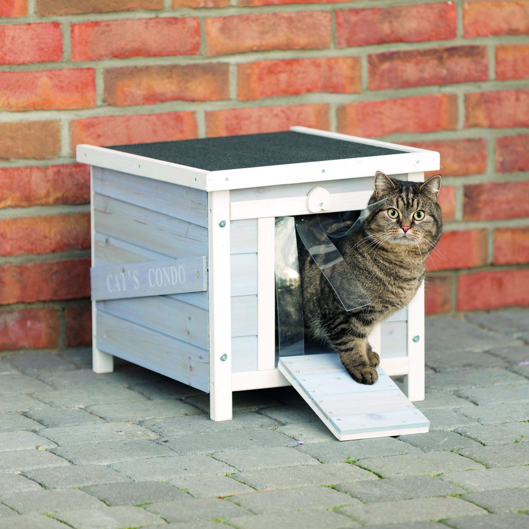 TRIXIE Weatherproof Outdoor Cat House with Raised Floor - Hinged Asphalt Roof & Covered Opening - Gray & White Fir Wood Shelter for Cats & Small Animals - Perfect for Backyard, Garden & Patio Protection